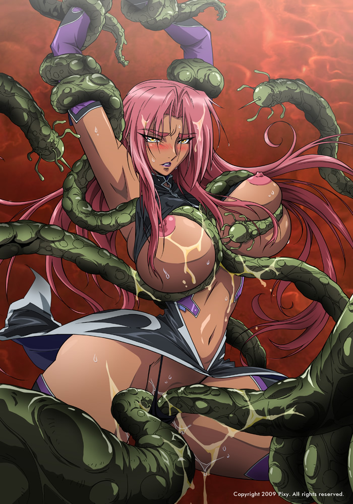 blush, breasts, dark skin, female, hair, ingrid (taimanin asagi), large breasts, lilith-soft, makai kishi ingrid, needle, nipples, pink hair, restrained, tagme, taimanin (series), tentacle