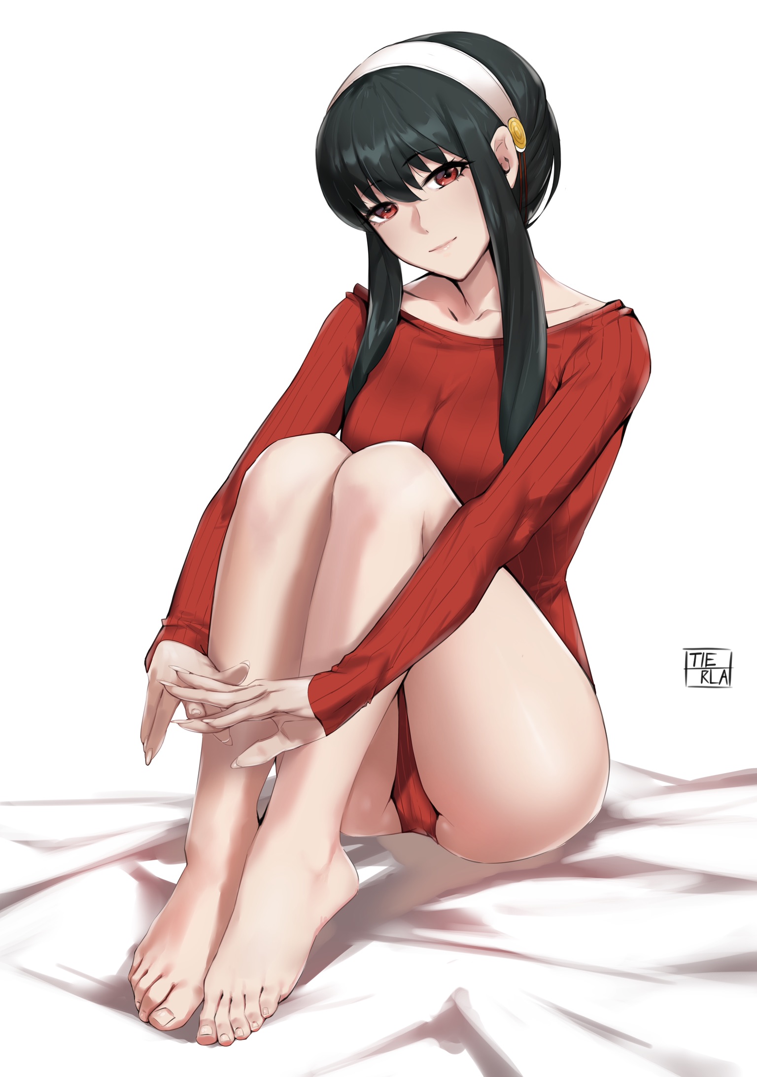ass, assassin, big breasts, breasts, feet, female, female only, legs together, looking at viewer, panties, sitting, sitting on bed, spy x family, sweater, thorn princess, tierla, toes, toes scrunch, yor briar