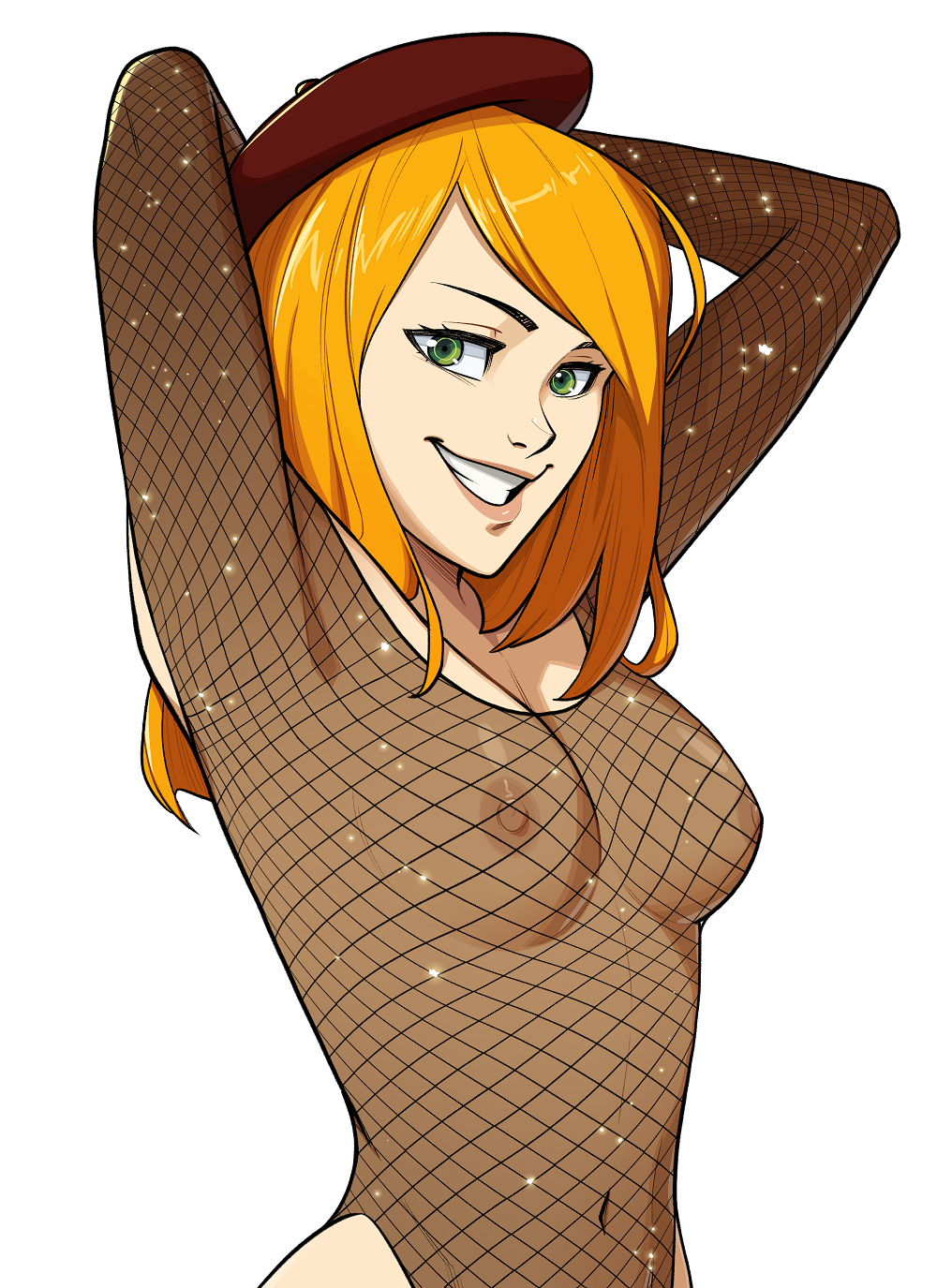 1girls, arms behind head, beret, breasts, breasts out, female, female torso, fishnets, gardnerverse, green eyes, large breasts, lillian gardner, navel, nipples, orange hair, partially clothed, solo female, zet13