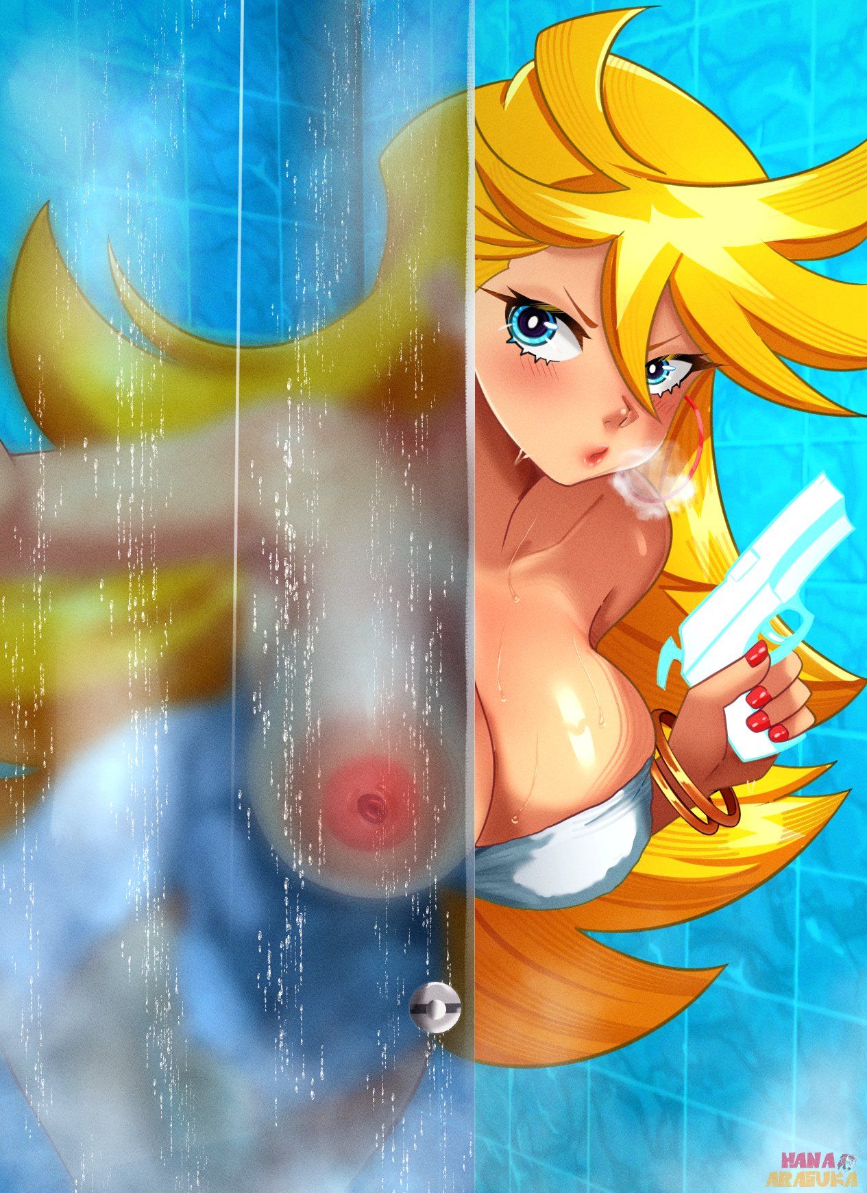 bathroom, big breasts, blonde female, blue eyes, breasts, female, hanaarasuka, light skin, light-skinned female, long-haired female, panty & stocking with garterbelt, panty anarchy, showing breasts, studio trigger