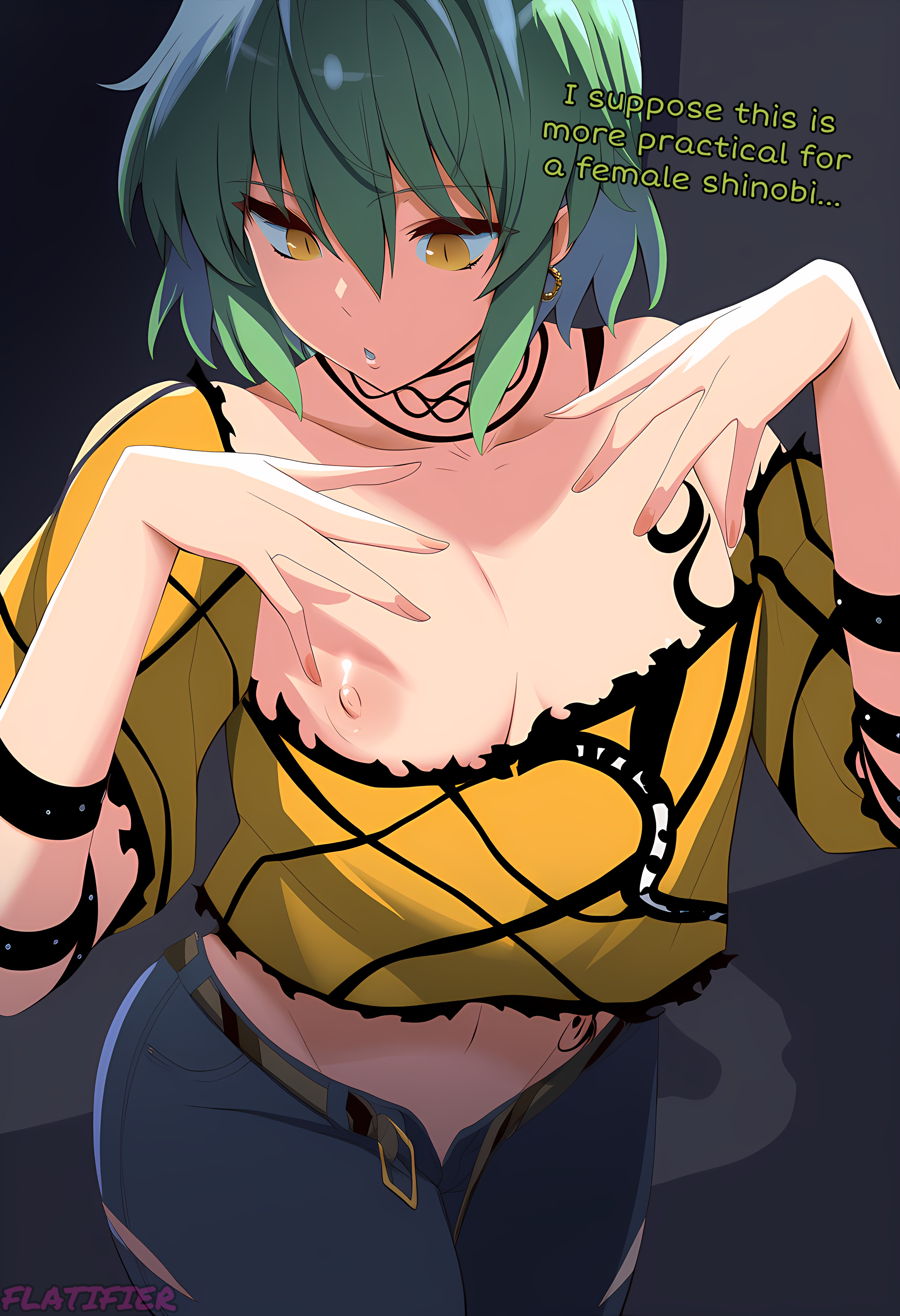 ai generated, big breasts, breast expansion, breast growth, breast growth (enlargement), breast reduction, breast shrinking, breasts, female, flat chest, flat chested, flatifier, gigantic breasts, hikage (senran kagura), huge breasts, senran kagura, thick thighs, wide hips