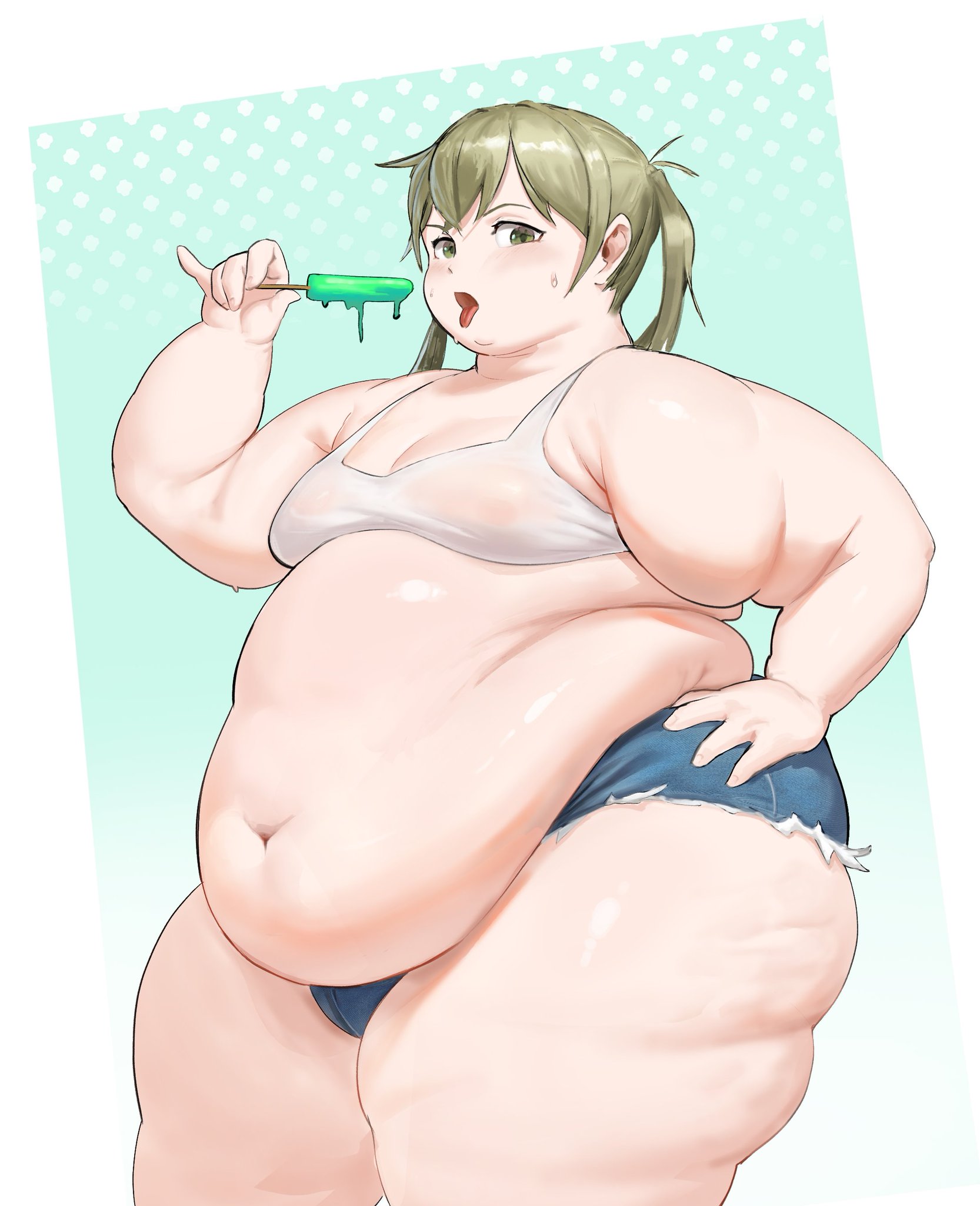 anime, areolae, areolae visible through clothing, arm rolls, ass, bangs, bangs between eyes, belly, belly overhang, belly rolls, big belly, blonde hair, blonde-haired female, blue shorts, blush, breast rest, breasts, breasts on belly, cellulite, cleavage, color, colored, cowboy shot, denim shorts, digital media (artwork), double chin, dripping, dripping juice, eating, eating food, fat, fat arms, fat ass, fat belly, fat face, fat female, fat hands, fat legs, fat rolls, fat thighs, female, gigantic belly, gigantic thighs, green eyes, green hair, green-eyed female, green-haired female, hair between eyes, hand on hip, hi res, high resolution, highres, holding, holding food, holding object, holding popsicle, huge belly, huge thighs, jean shorts, jorts, leg rolls, light skin, light-skinned female, long hair, long-haired female, looking at viewer, love handles, maka albarn, navel, nipples, nipples visible through clothing, obese, obese female, open mouth, overweight, overweight female, pale skin, pale-skinned female, pinky out, popsicle, shaded, short shorts, shorts, sideass, small breasts, softon, soul eater, ssbbw, standing, sweatdrop, sweating, sweating female, sweaty, sweaty face, thick thighs, three-quarter view, thunder thighs, tied hair, tongue, tongue out, translucent bra, twintails, underass, unlucky fat distribution, white bra