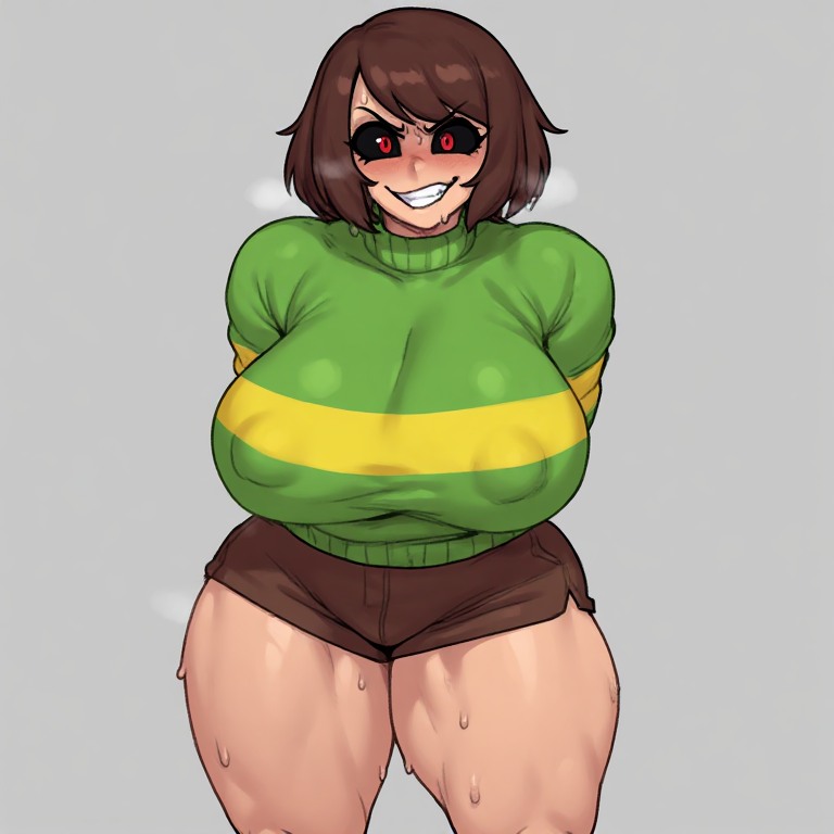 1girls, ai generated, big breasts, black eyes, boobs, breasts, brown hair, chara, dress, female, light skin, nipples, red eyes, smile, srimbievil58, sweat, thick thighs, thighs, undertale, undertale (series), video games