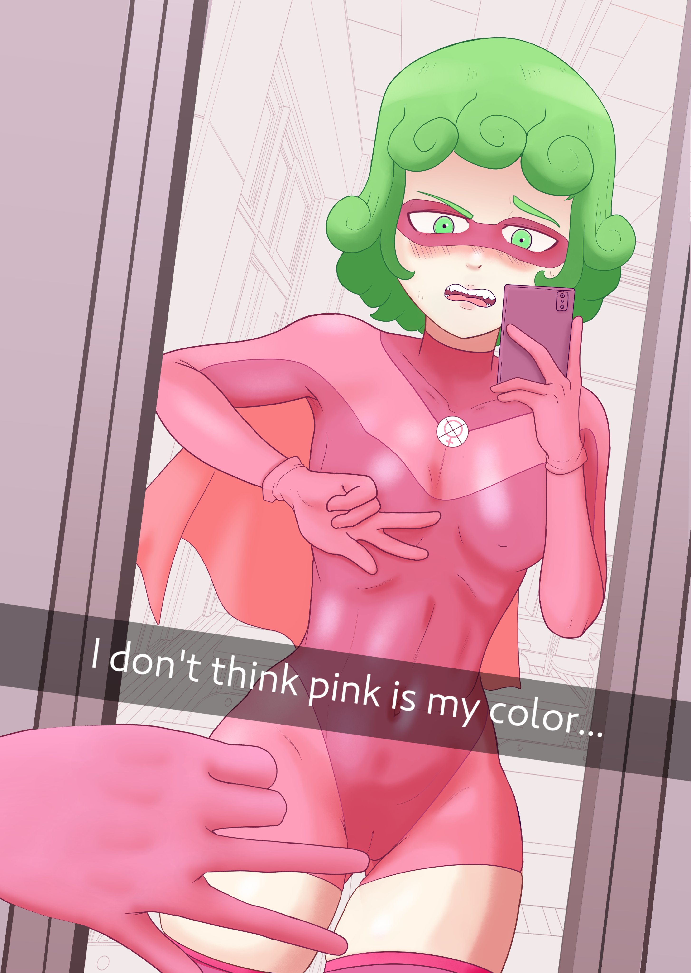 atom eve (cosplay), axl vegeta, blush, cosplay, eye mask, gree, green eyes, green hair, invincible, one-punch man, phone, selfie, tatsumaki