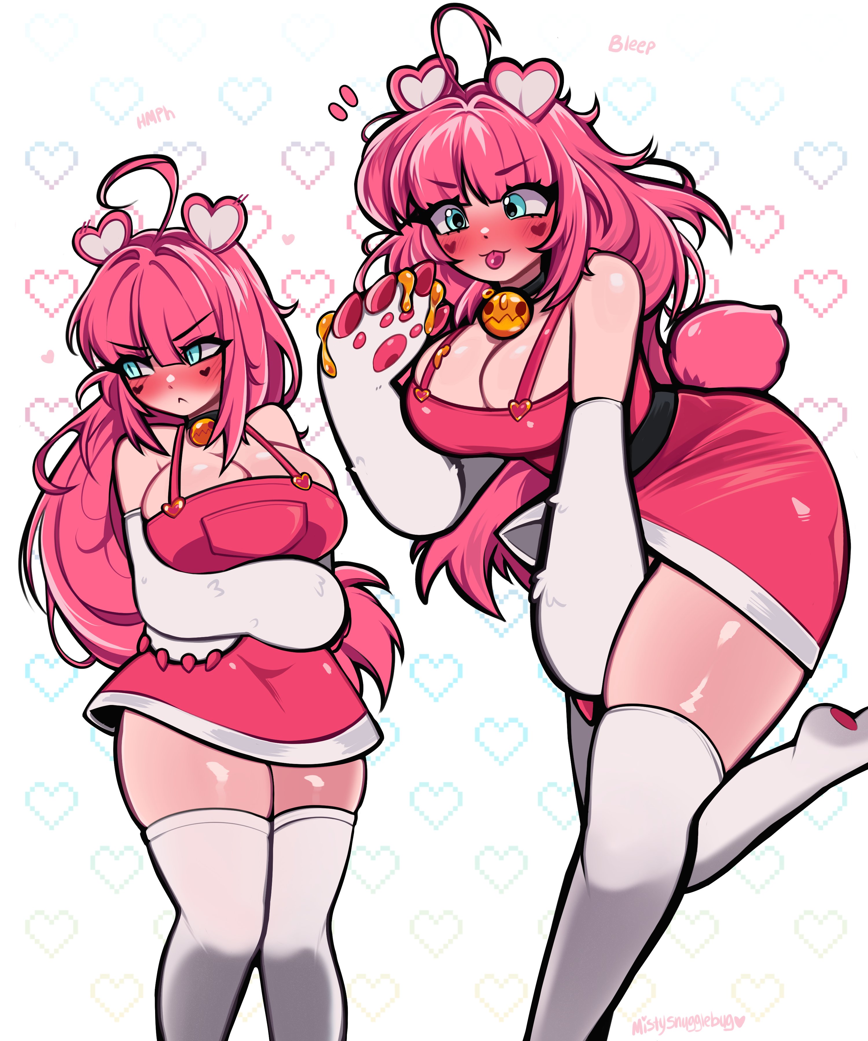 1girls, ahoge, big breasts, blush, breasts, cleavage, clothed, clothing, cute, female, female focus, female only, long hair, mistysnugglebug, paw gloves, paw print, pink hair, tagme, thighhighs, thighs, tongue, tongue out, white thighhighs