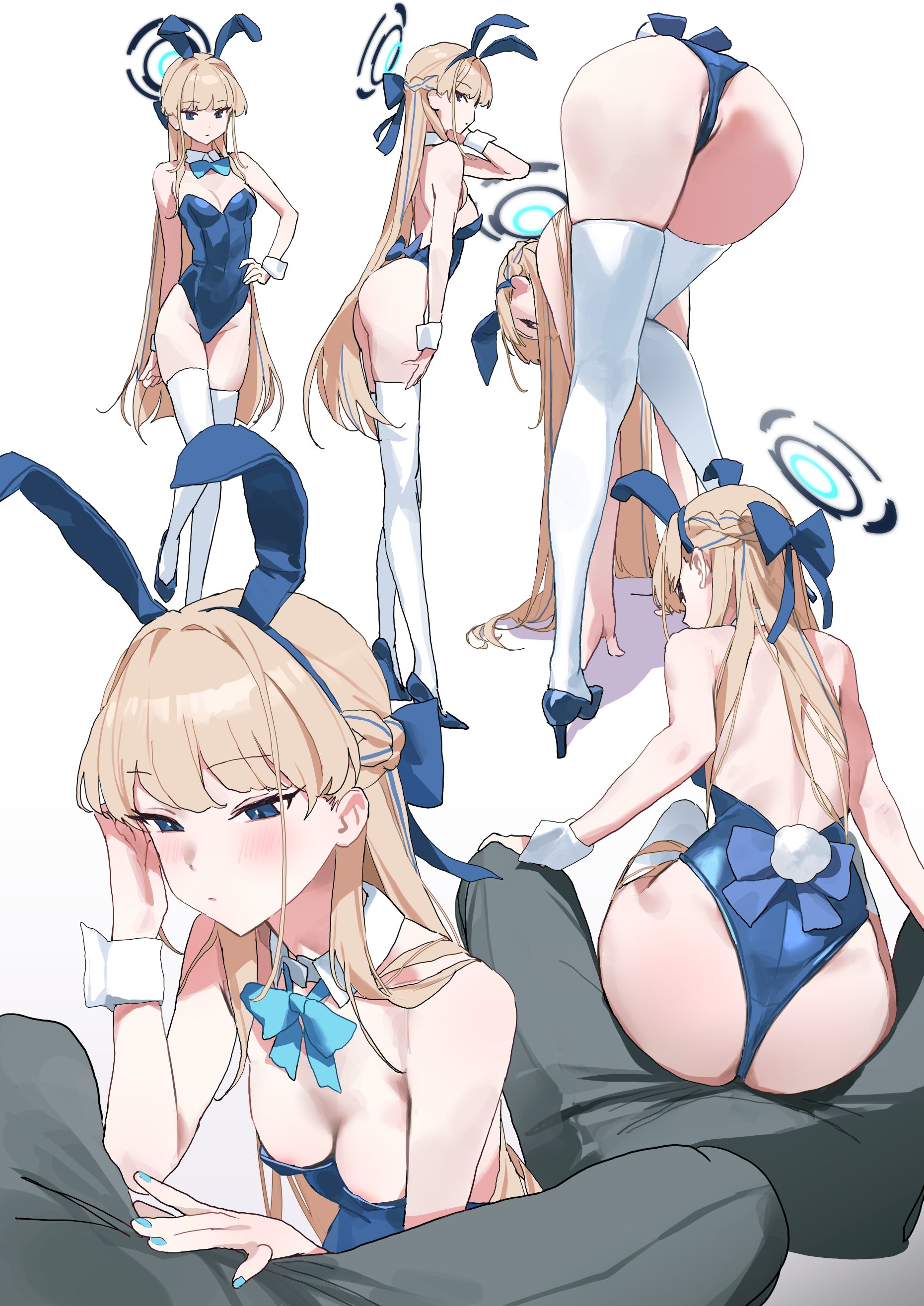ass, ass focus, ass on crotch, bending forward, bending over, bent forward, bent over, big ass, blonde, blonde female, blonde hair, blonde-haired female, blue archive, blue bunnysuit, blue eyes, blue leotard, blue nails, blue-eyed female, blush, bowtie, breasts, bunny costume, bunny ears, bunny girl, bunny tail, bunnysuit, detached collar, fake animal ears, female, halo, hand on penis, high heels, imminent oral, large ass, leotard, logknn, looking at viewer, looking back, low-angle view, male, nail polish, painted nails, penis, pov, pussy, pussy peek, side view, sideboob, sitting on lap, sitting on penis, sitting on person, small breasts, thighhighs, toki (blue archive), toki (bunny) (blue archive), white background, white thighhighs, wrist cuffs