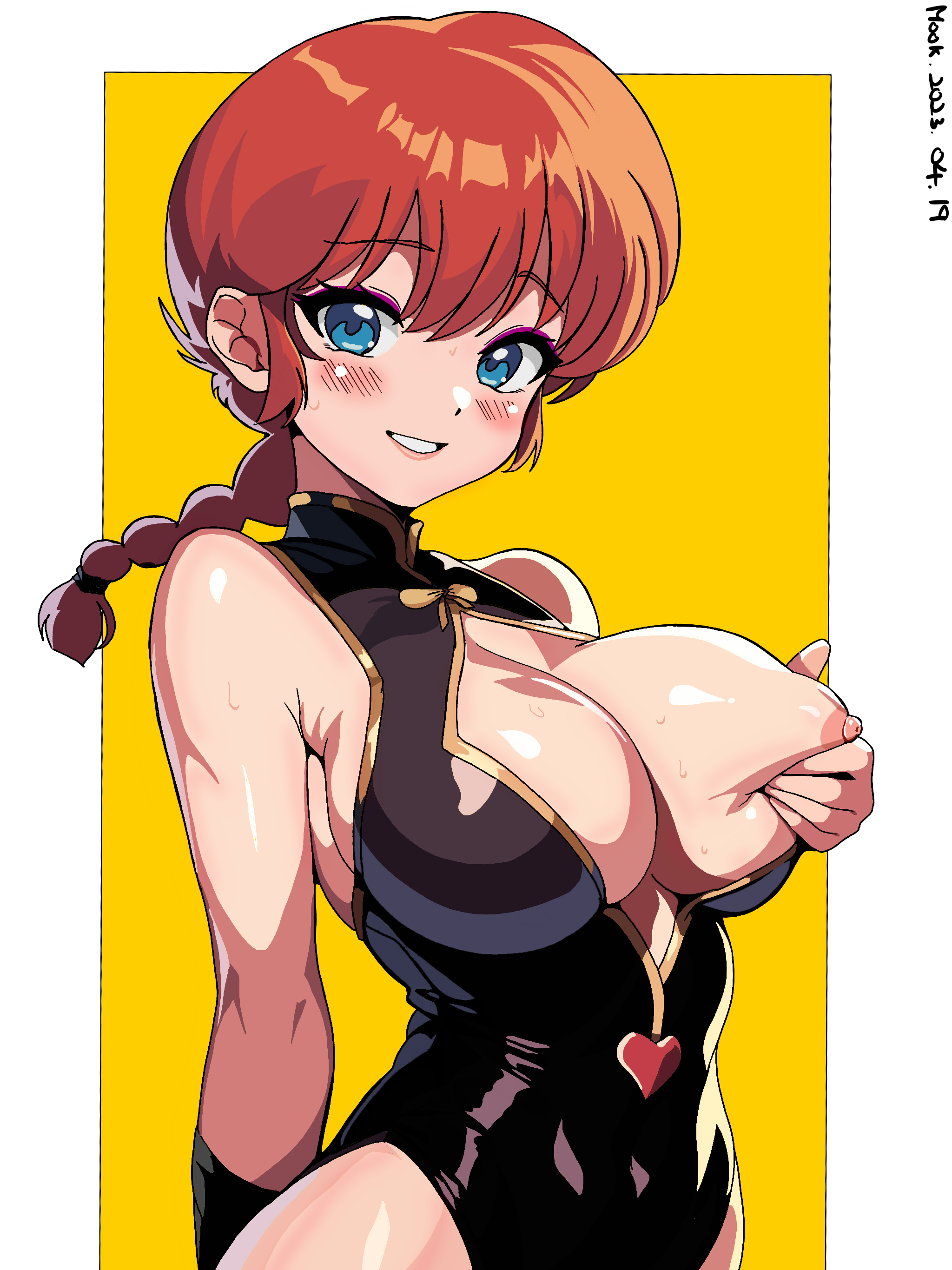 1girls, bare arms, bare shoulders, black leotard, blue eyes, blush, body blush, braid, breasts, breasts out, donguri2, female, female only, huge breasts, leotard, nipples, parted lips, ranma 1/2, ranma saotome, ranma-chan, red hair, shiny skin, smile, solo, squeezing own breasts, sweat, upper body
