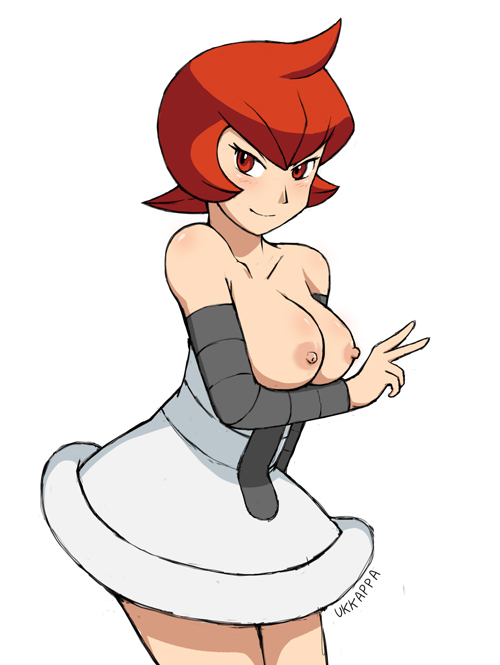 1girls blush breasts breasts_out clothed clothes color detached_sleeves dress female female_only hair human human_only mars_(pokemon) nintendo nipples pokemon pokemon_dppt red_hair short_hair short_red_hair simple_background skirt smile solo team_galactic text topless ukkappa v watermark white_background