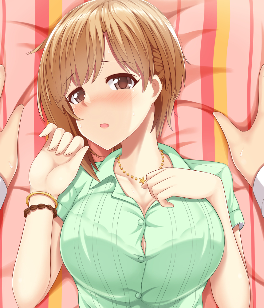 :o aiba_yumi bangle blush bracelet breasts brown_eyes brown_hair cleavage collared_shirt commentary_request dress_shirt female from_above green_shirt hand_on_own_chest hands_up head_tilt idolmaster idolmaster_cinderella_girls jewelry large_breasts long_sleeves looking_at_viewer lying necklace oga_raito on_back open_mouth out_of_frame pov pov_hands shirt short_hair short_sleeves solo_focus star_(symbol) star_necklace striped sweat upper_body wing_collar