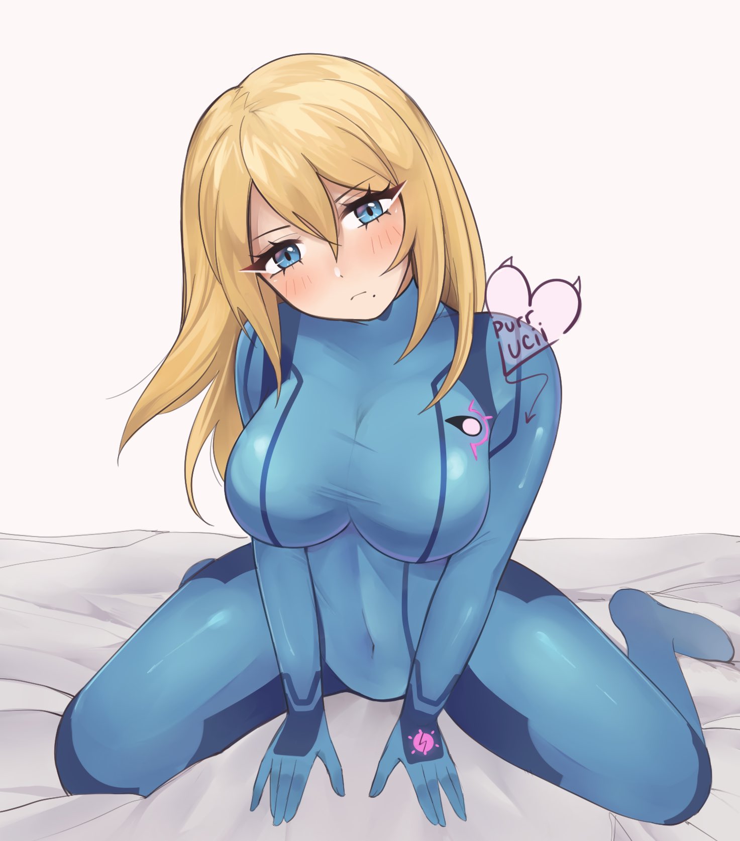 ass, breasts, female, female only, fully clothed, metroid, nintendo, purrlucii, samus aran, shiny clothes, solo, tagme, tight clothing, zero suit, zero suit samus