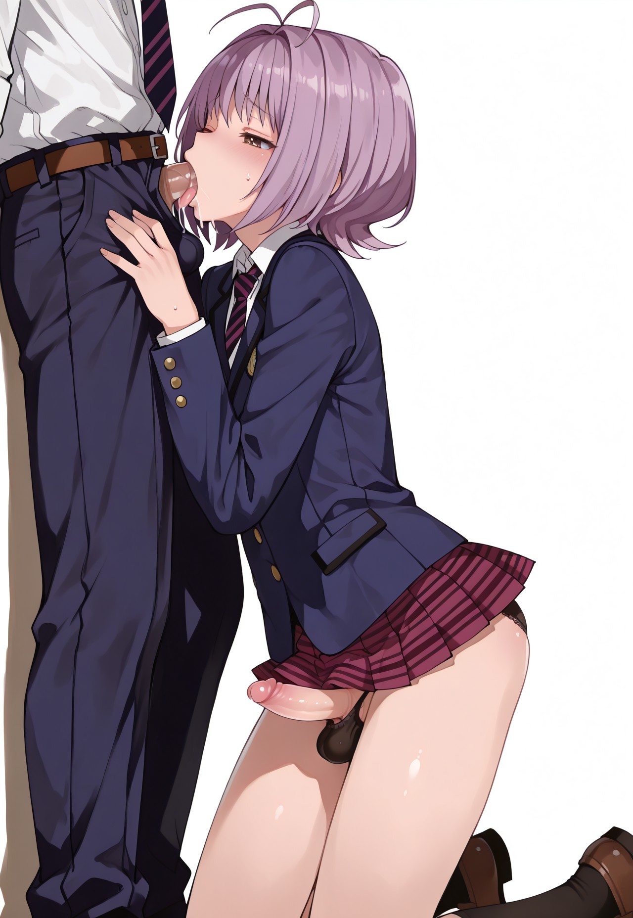 1boy, 1femboy, 2boys, ai generated, alternate version available, crossdressing, erect penis, erection, fellatio, femboy, feminine male, girly, komi-san wa komyushou desu, male, nemunemucp enjoer, oral, osana najimi, penis, penis out, pleated skirt, purple hair, school uniform, schoolgirl uniform, skirt, trap