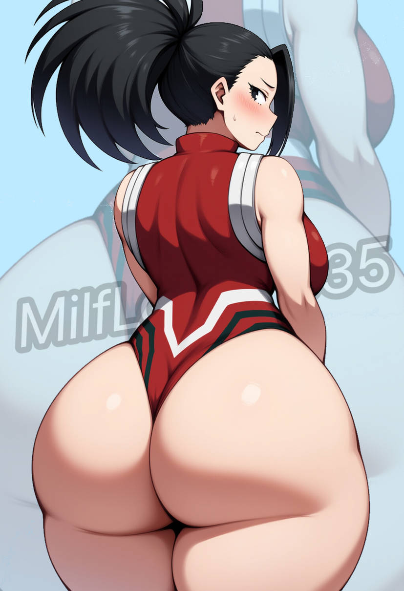1girls, ai generated, ass, ass focus, back view, big ass, big breasts, black eyes, black hair, blush, breasts, female, female focus, female only, hero outfit (mha), leotard, looking at viewer, milflover5335, momo yaoyorozu, my hero academia, ponytail, solo, solo female, solo focus, sweat, thick thighs, watermark
