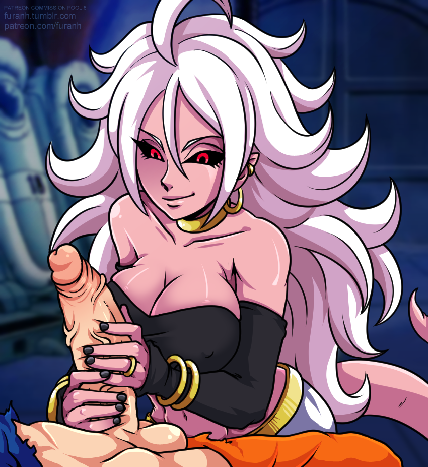 1girls, 2010s, android, android 21, big breasts, big penis, black sclera, breasts, cleavage, dark persona, demon, demon girl, dragon ball, dragon ball fighterz, erection, female, female masturbing male, furanh, handjob, humanoid, large breasts, long hair, majin, majin android 21, male, nipples, penis, pink skin, pointy ears, red eyes, saiyan, straight, tail, white hair