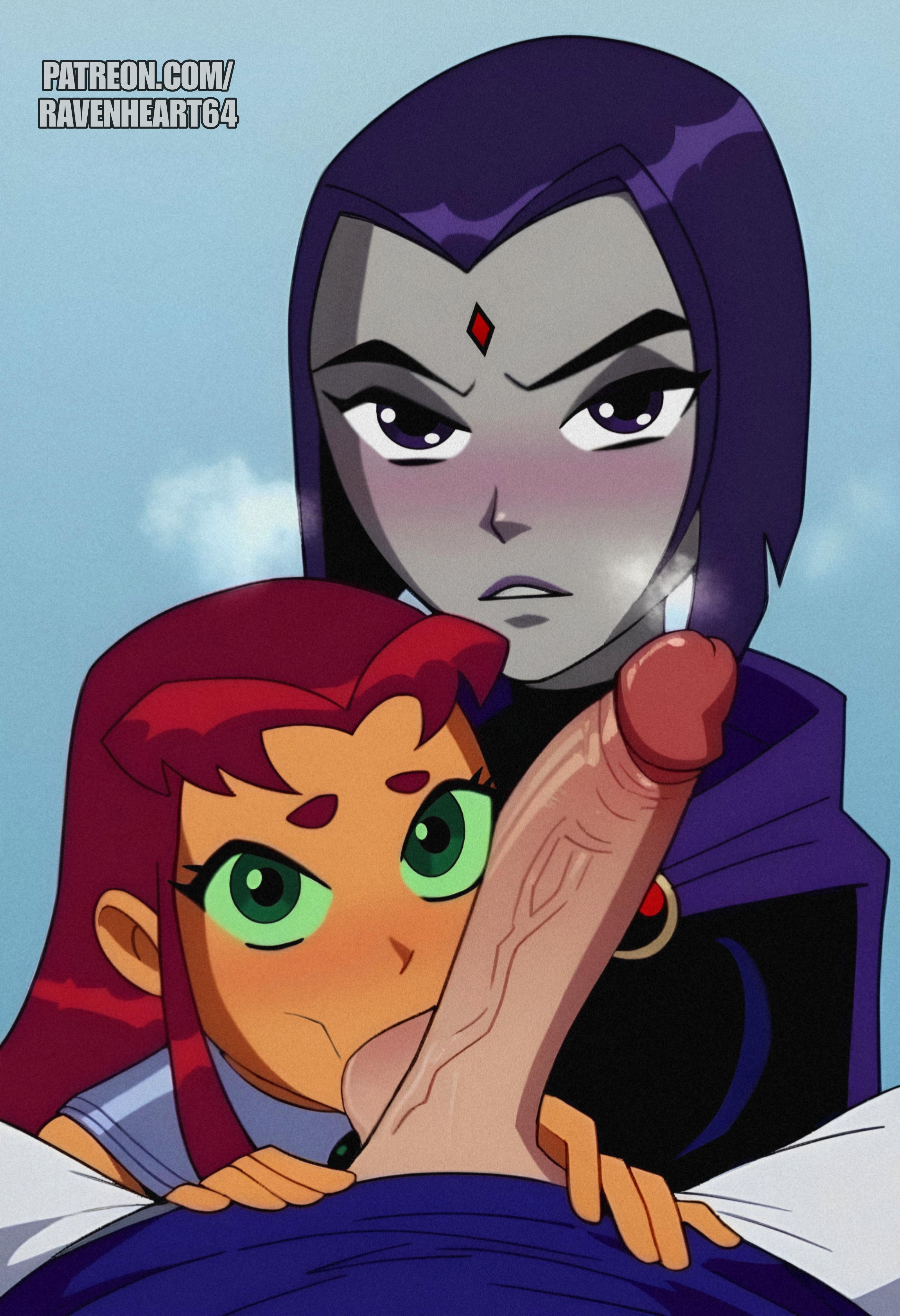 1boy, 2d, 2girls, accurate art style, balls, ballsack, blush, breath cloud, cartoon network, female, grey skin, male, multiple females, multiple girls, partial male, penis, pov, purple eyes, purple hair, raven (dc), ravenheart64, seductive look, starfire, sucking, sucking balls, sucking penis, teen titans, threesome