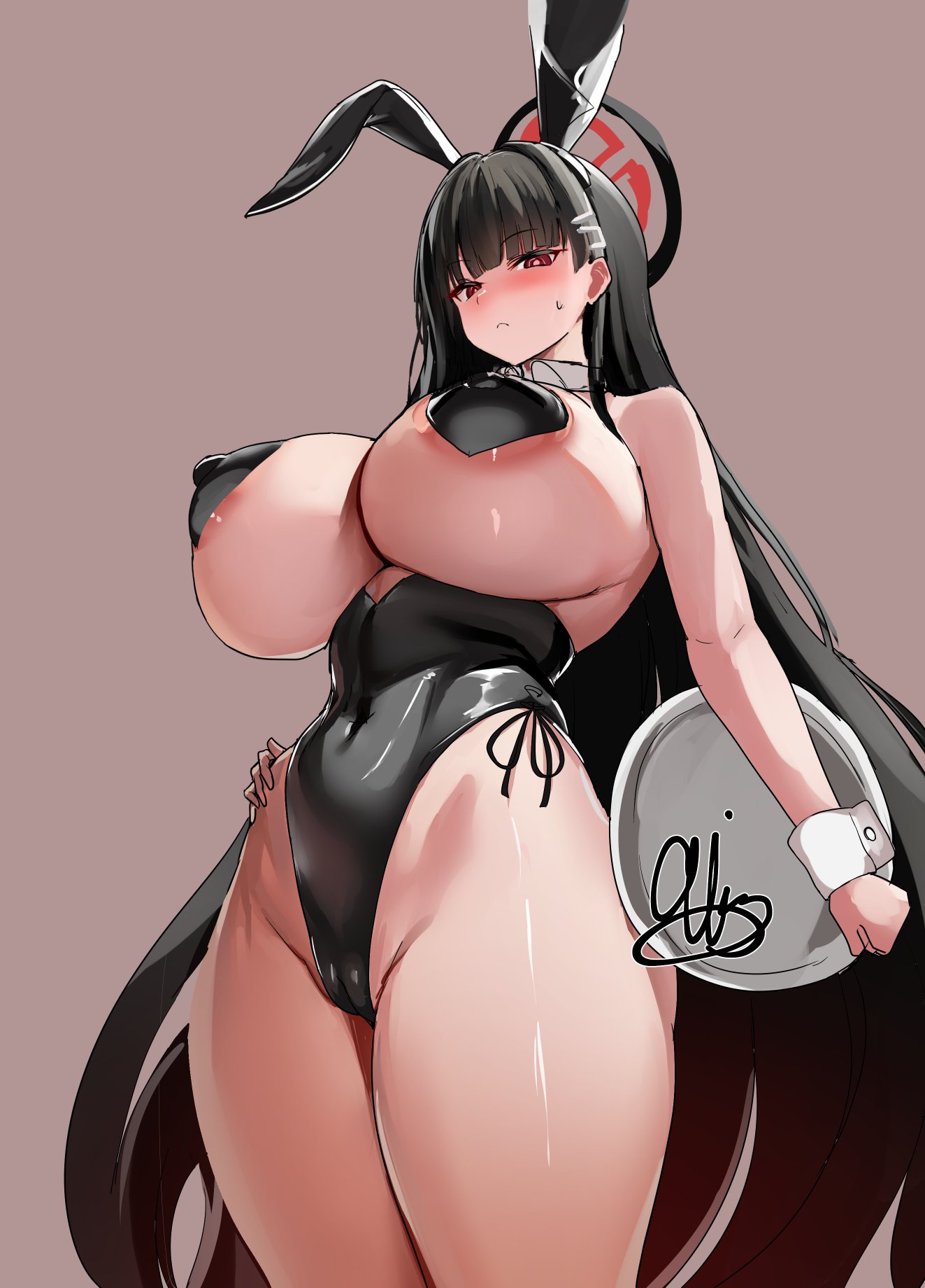 1girls, 9is, big breasts, blue archive, blush, breasts, bunny ears, bunnysuit, cleavage, clothed, clothing, female, female focus, female only, millennium science school student, rio (blue archive), seminar (blue archive)
