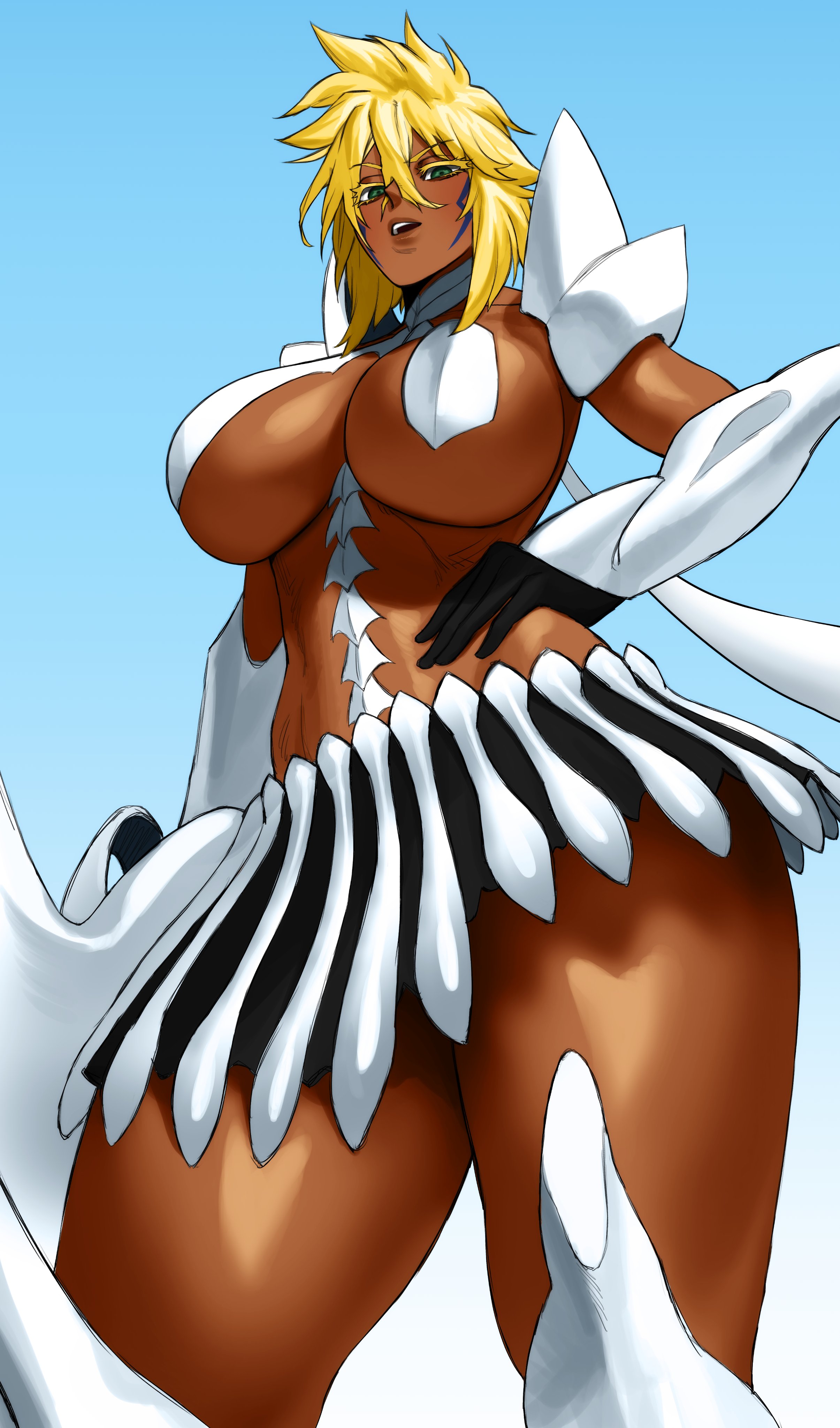 1girls, absurd res, big breasts, bleach, blonde female, blonde hair, blue eyes, breasts, child bearing hips, curvy female, dark skin, dark-skinned female, female, female only, green eyes, looking at viewer, revealing clothes, short-haired female, solo, sotcho, thick thighs, tia harribel, viewed from below
