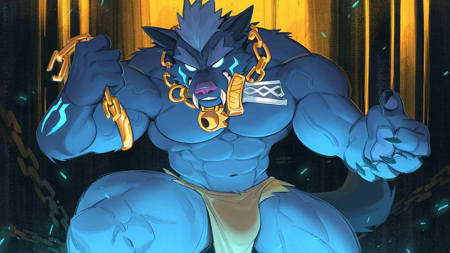 anthro, bara, big thighs, blade, blue eyes, blue hair, brawl stars, bulge, bulge through clothing, buzz (brawl stars), canid, canine, canine tail, canis, canyne khai, chains, claws, dark blue fur, fangs, fenrir, furry, male, male only, muscular, muscular male, necklace, solo, tail, wolf, yaoi