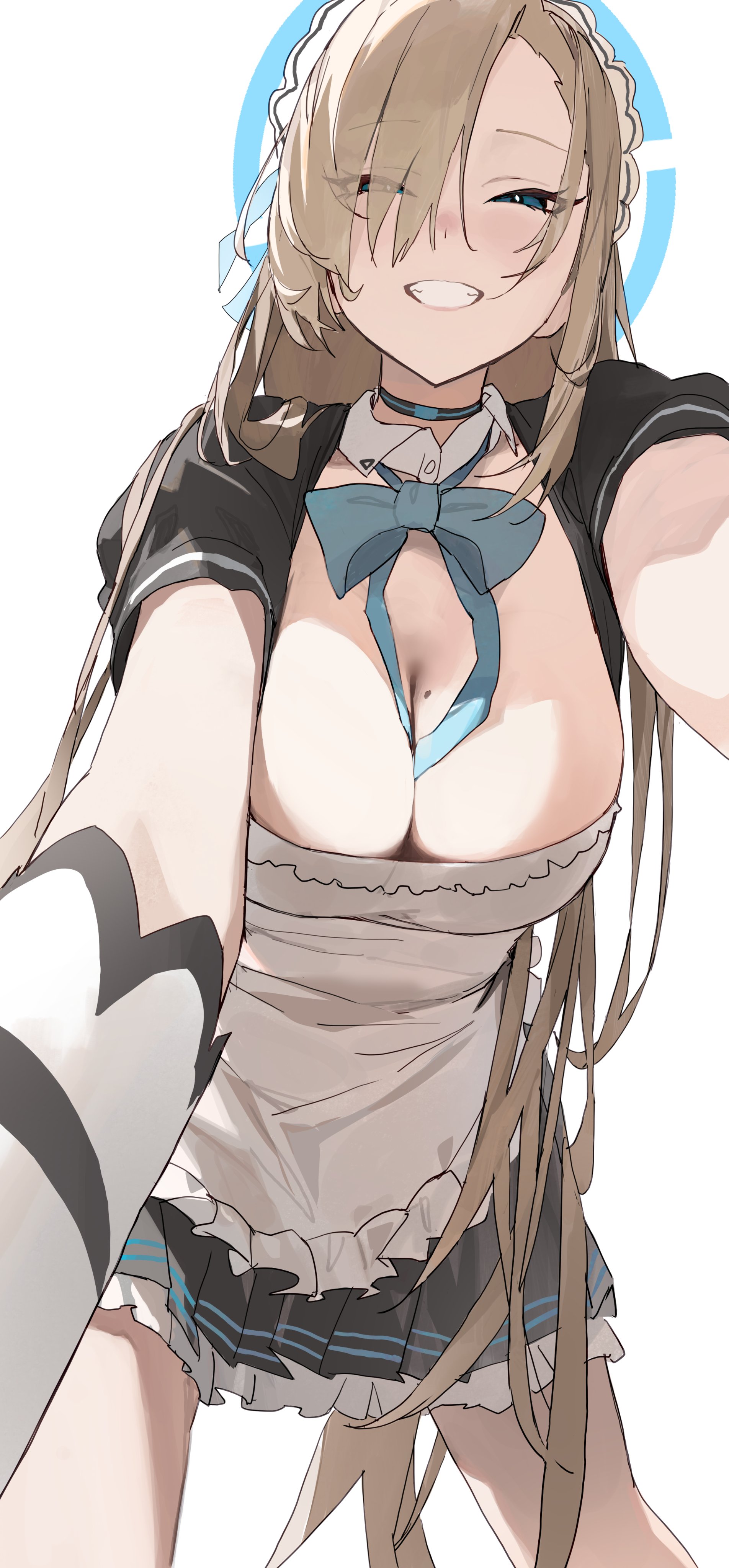 1girls, armwear, asuna (blue archive), big breasts, blonde hair, blue archive, blue eyes, bow tie, breast focus, breasts, cleavage, collar, dominant female, eye contact, female, halo, hanging breasts, large breasts, logknn, long hair, looking at viewer, maid, maid uniform, on top, pov, pov eye contact, skirt, smile, thighs, tie