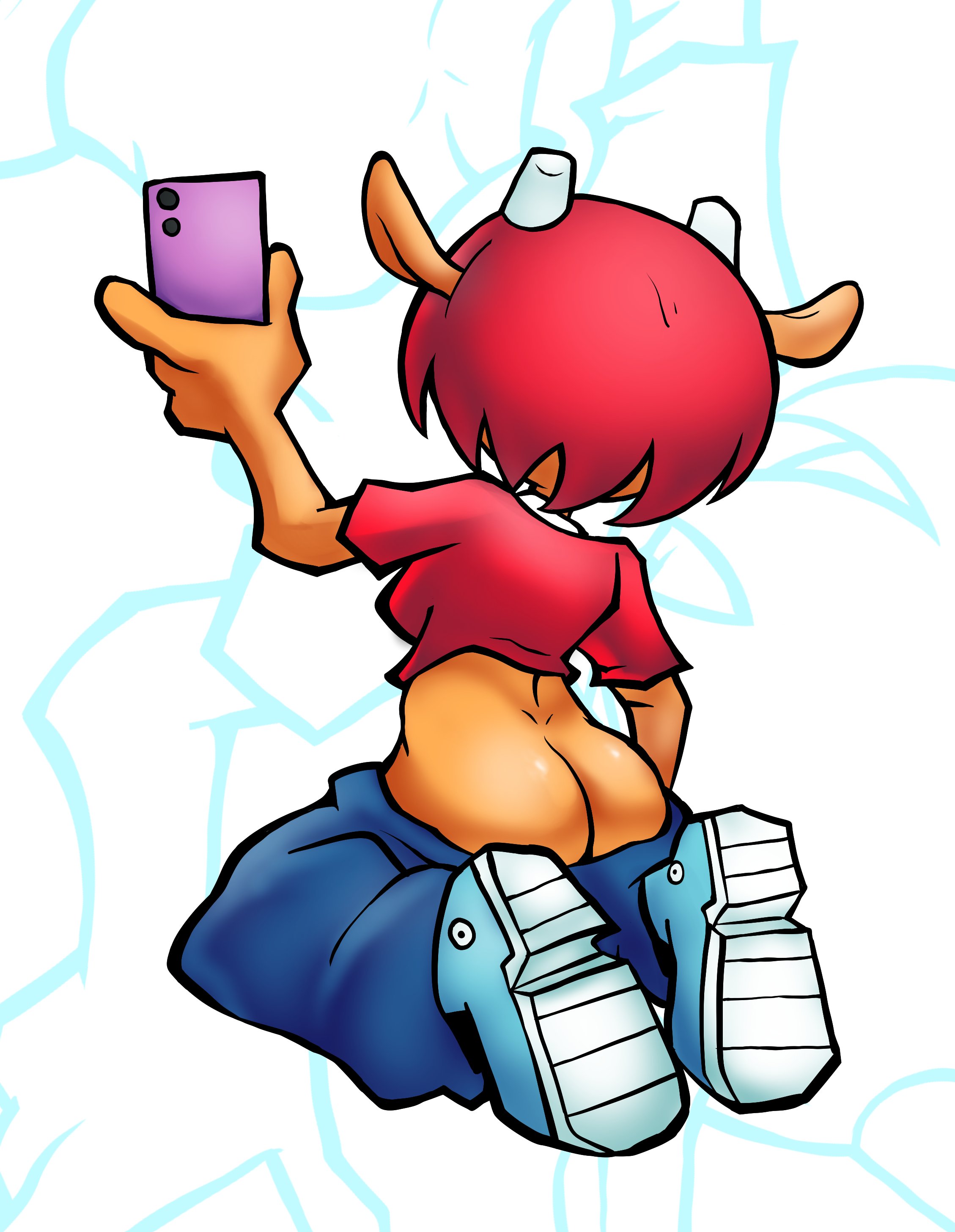 anthro, ass, ass cleavage, ass crack, ass focus, butt crack, exposed ass, female, female only, fishibutt, from behind, furry, horns, jeans, jeans down, lamb, lammy lamb, looking away, pants down, parappa the rapper, red hair, sagging pants, selfie, simple background, sneakers, solo female, um jammer lammy