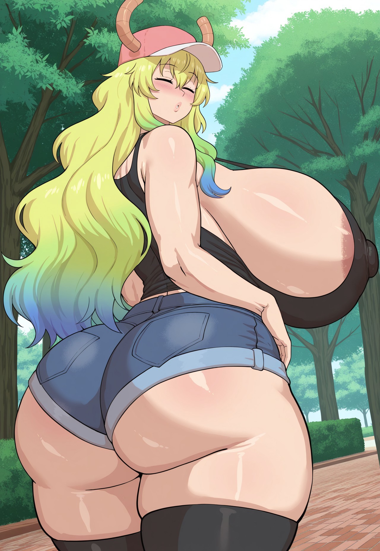 ai generated, areola slip, ass, baseball cap, black tank top, black thighhighs, breasts, cleavage, closed eyes, covered nipples, denim shorts, female, from below, gigantic ass, gigantic breasts, horn, huge ass, huge breasts, kobayashi-san chi no maidragon, looking at viewer, low-angle view, lucoa (maidragon), mature female, milf, milkersenjoyer, miss kobayashi's dragon maid, quetzalcoatl (dragon maid), sideboob, sleeveless, thick thighs, very long hair, wide hips
