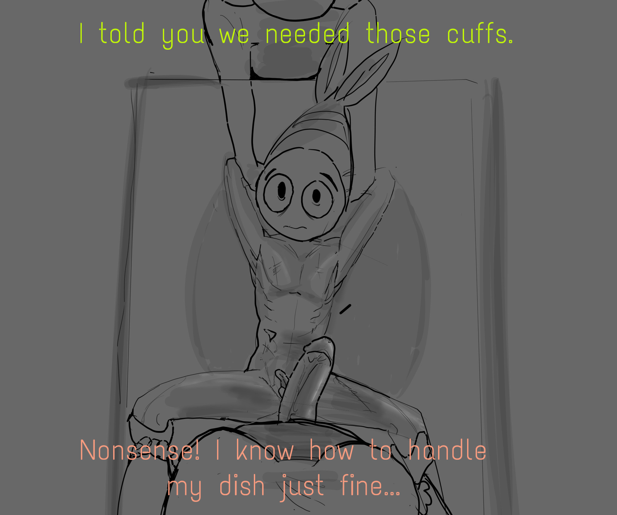 2d, 2d (artwork), bobette (dandy's world), dandy (dandy's world), dandy's world, denkrill, forced, friesareyum, futa on male, futanari, inminent rape, inminent sex, intersex, male, non-human, rape, restrained arms, scared expression, shrimpo (dandy's world), threesome