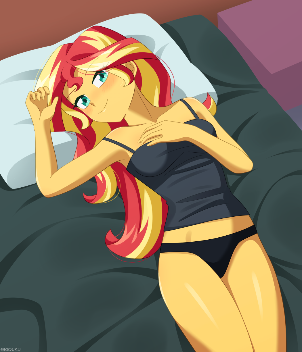 black_panties camisole equestria_girls female green_eyes looking_at_viewer lying_on_back lying_on_bed my_little_pony panties riouku solo two-tone_hair