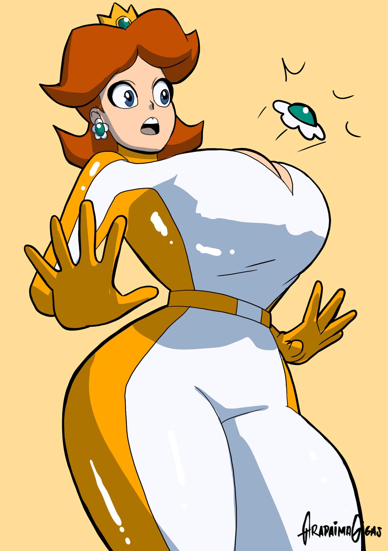 biker, bodysuit, breasts, button pop, cleavage, clothing, female, huge breasts, human, large breasts, mario (series), mario kart, princess daisy, princess daisy (aero), thick thighs, wardrobe malfunction, wide hips