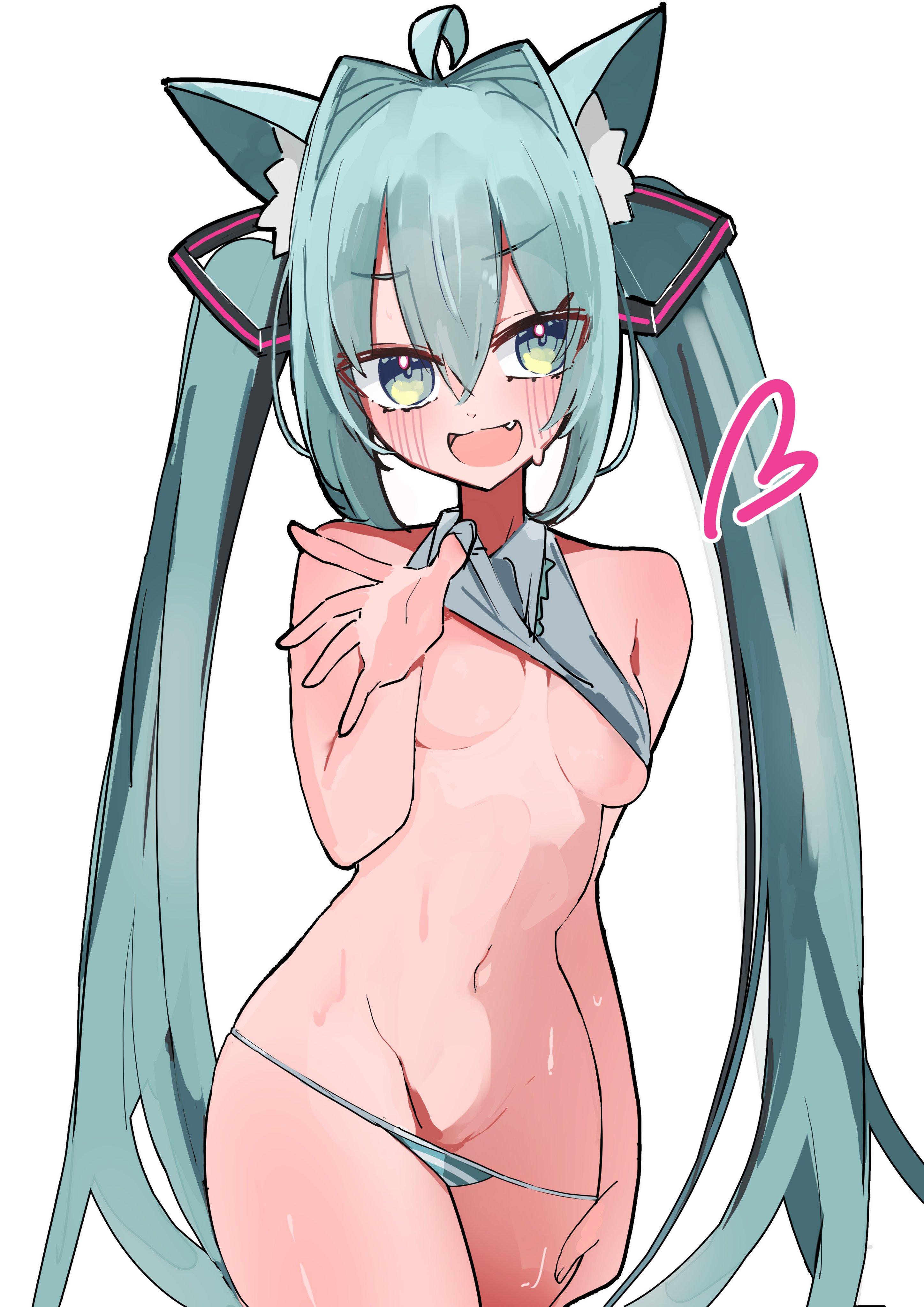 :3d, 1girl, 1girls, ahoge, animal ear fluff, animal ears, aqua eyes, aqua hair, bangs, bare shoulders, blue eyes, blue hair, blue panties, blue-eyed female, blue-haired female, blush, breasts, cat ears, clothes lift, cowboy shot, cute fang, eye contact, fang, female, groin, hair between eyes, hair ornament, hand on hip, hatsune miku, heart, kemonomimi mode, lifted by self, long hair, looking at viewer, medium breasts, navel, open mouth, panties, panties around legs, panty pull, pov, practically nude, shirt, shirt lift, shirt up, simple background, skirt lift, sleeveless, small breasts, small waist, smile, solo, solo female, solo focus, striped, striped panties, sweat, thick thighs, thighs, twintails, underboob, underwear, very long hair, vocaloid, waist, waving, waving at viewer, white background, yatsuwo emiya, young, young female
