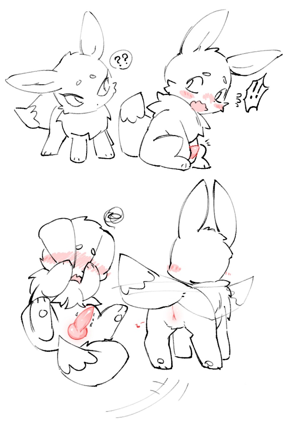 blush duo eevee embarrassed erection female feral generation_1_pokemon genitals hi_res kirichiiii male male/female nintendo penis pokemon pokemon_(species) pussy question_mark simple_background tail
