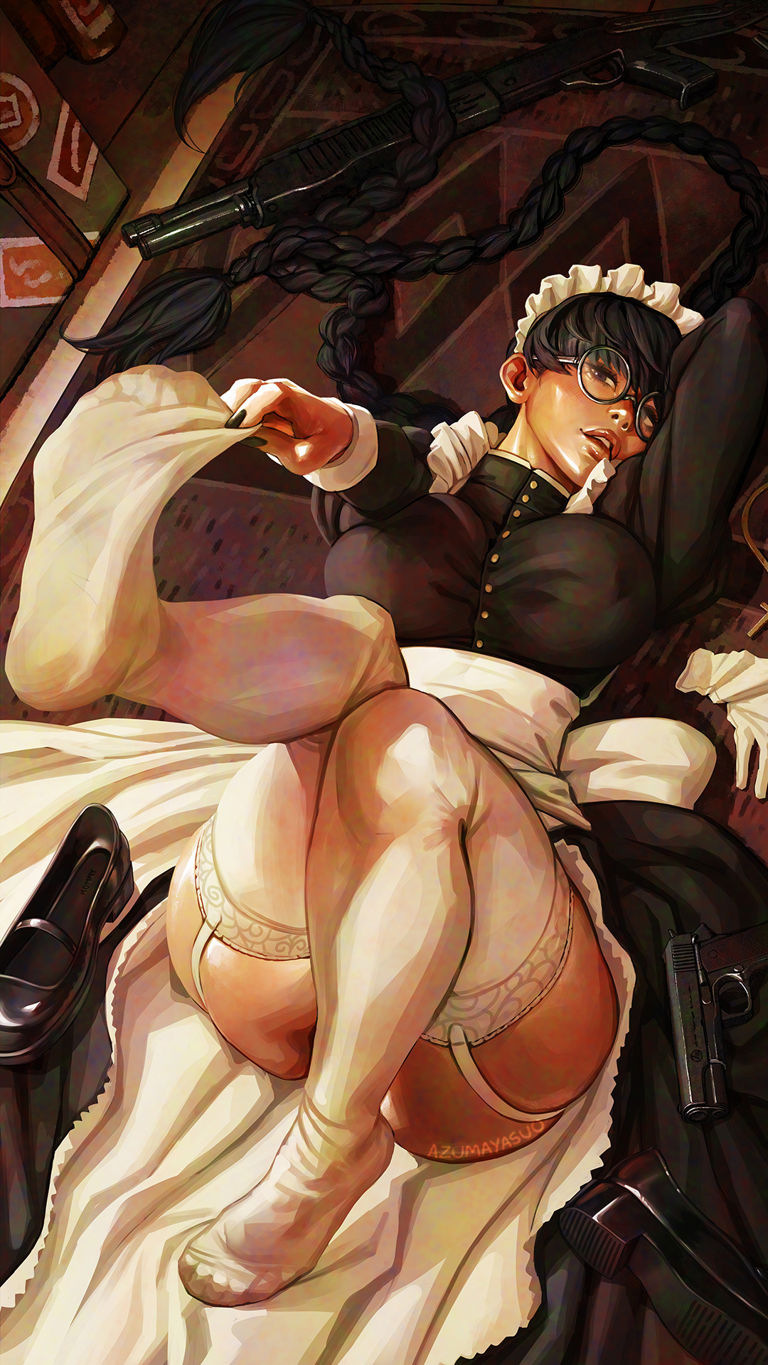 1girls, 2025, 2d, 2d (artwork), artist name, azuma yasuo, azumaarts, big breasts, black hair, black lagoon, black nails, braid, braided hair, breasts, busty, colombian, colombian female, dark hair, female, female only, glasses, gun, guns, human, human only, large breasts, latina, light skin, light-skinned female, looking at viewer, m1911, maid, maid apron, maid headdress, maid outfit, maid uniform, nipple bulge, no sex, pigtails, pistol, roberta (black lagoon), shotgun, solo, solo female, spas-12, stockings, thick, thigh highs, thighhighs, weapon, weapons