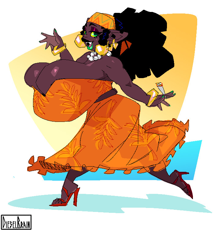 african, african female, breasts, cleavage overflow, dieselbrain, elf, female, huge breasts, nabu (dieselbrain), shortstack