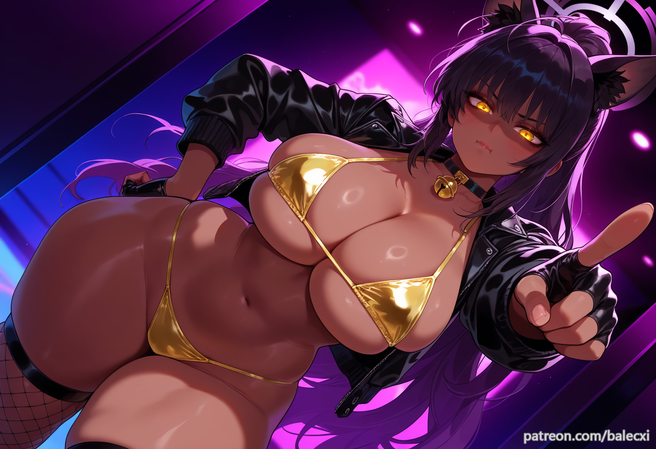 1girls, ai generated, alternate costume, animal ears, balecxi, bell, bikini, black choker, black gloves, black jacket, blue archive, blush, breasts, cat ears, choker, cleavage, closed mouth, dark skin, dark-skinned female, female, fingerless gloves, fishnet thighhighs, fishnets, gold bikini, halo, hand on own hip, huge breasts, jacket, karin (blue archive), long hair, long sleeves, looking at viewer, navel, ponytail, purple hair, skindentation, solo, stomach, swimsuit, thighhighs, thighs, underboob, yellow eyes