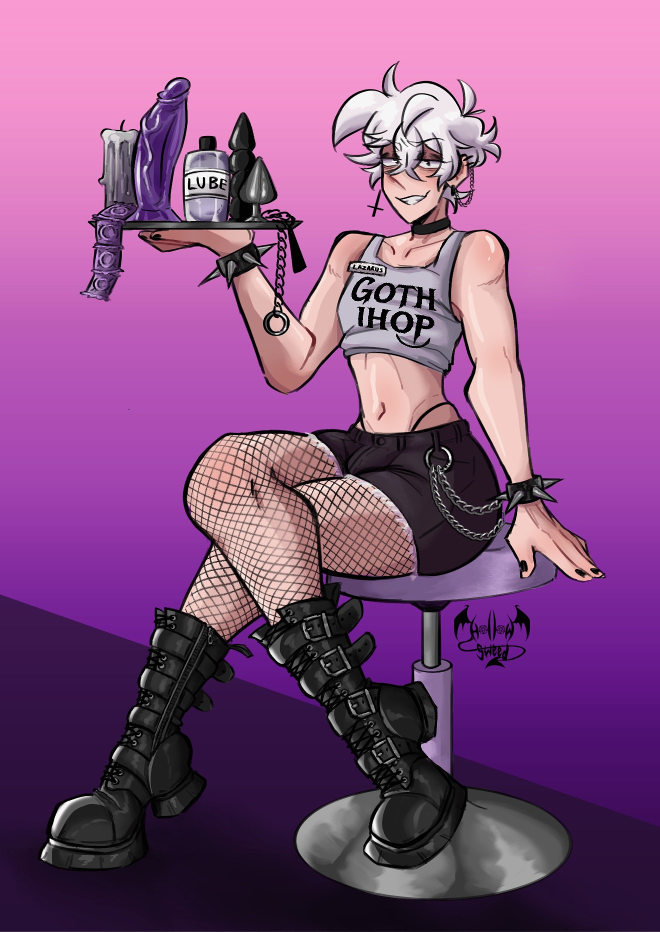 anal plug, boots, buttplug, choker, color, condom, dildo, emo, eyeshadow, femboy, fishnets, gay, goth, hollow sweed, lazarus (hollow sweed), leash, lube, lube bottle, male, male only, oc, penis, prostitution, restaurant, sex toy, skinny, white hair