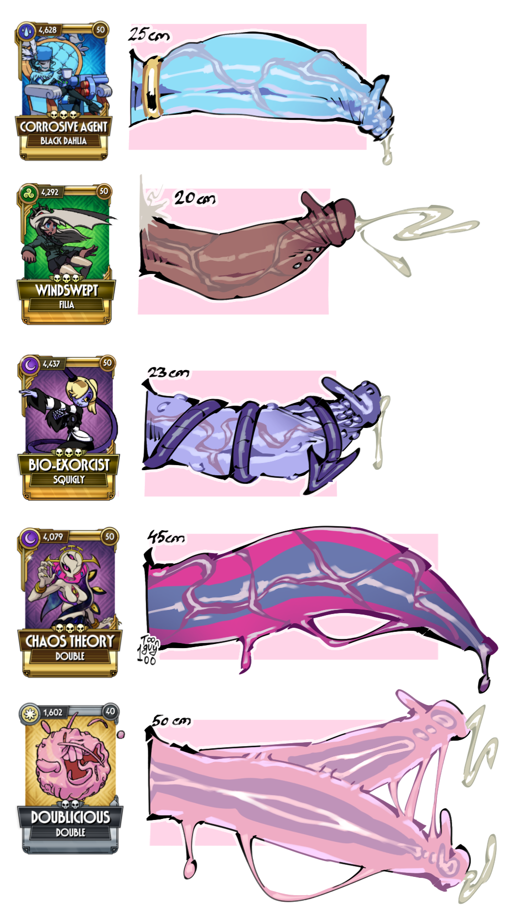 black_dahlia blue_penis cock cock_chart cock_comparison cock_ring comparing double_(skullgirls) filia_(skullgirls) futa_only futanari monster monster_cock monster_girl pubes skullgirls slime squigly tan_body tentacle toonguy100