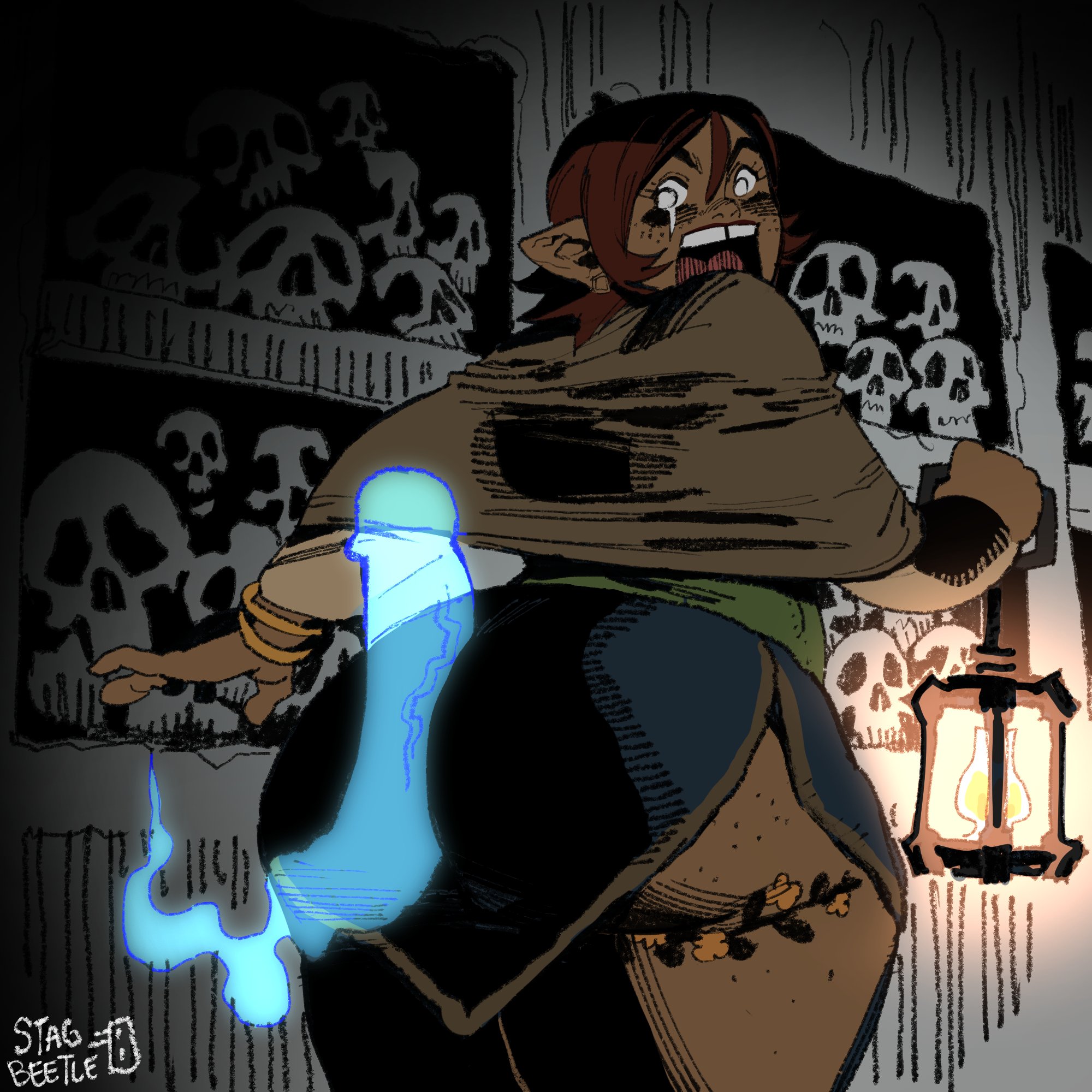 1girls, ass, assjob, big ass, brown hair, buttjob, dark skin, dark-skinned female, female, freckles, freckles on ass, ghost, huge ass, lantern, looking back, male, namnums, penis, pointy ears, shocked expression, stagbeetle