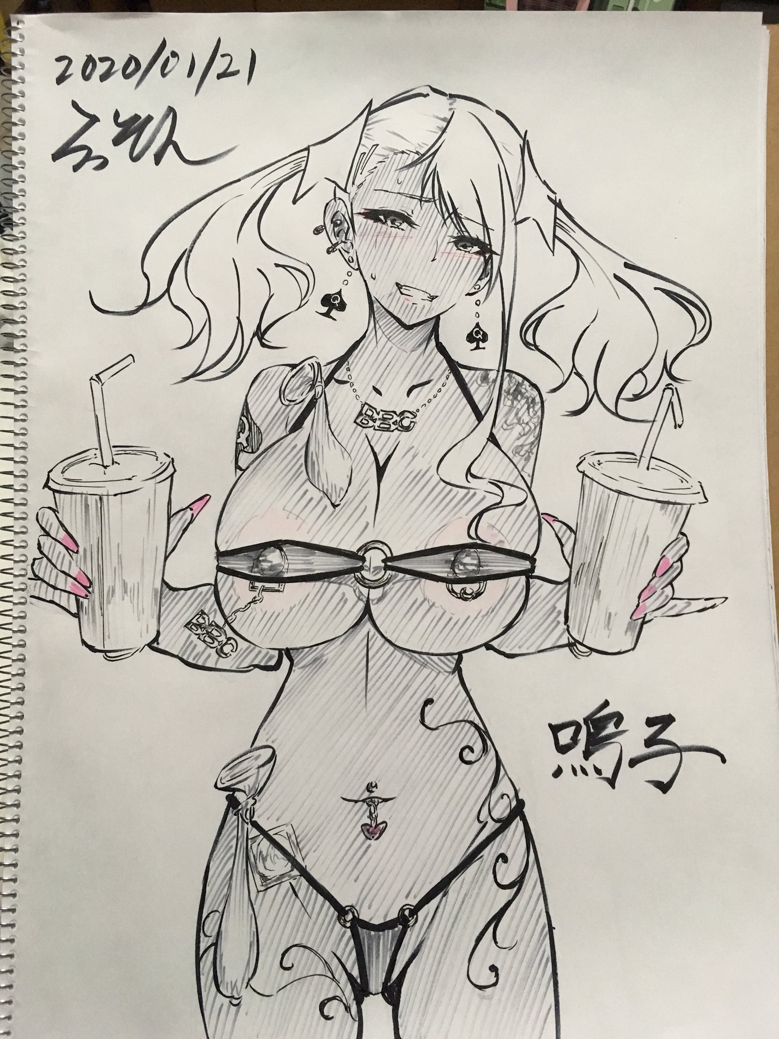 1girls, anjou naruko, ano hi mita hana no namae wo bokutachi wa mada shiranai., bikini, bimbo, breasts, female, gyaru, large breasts, looking at viewer, piercing, queen of spades, rasson, solo, tattoo