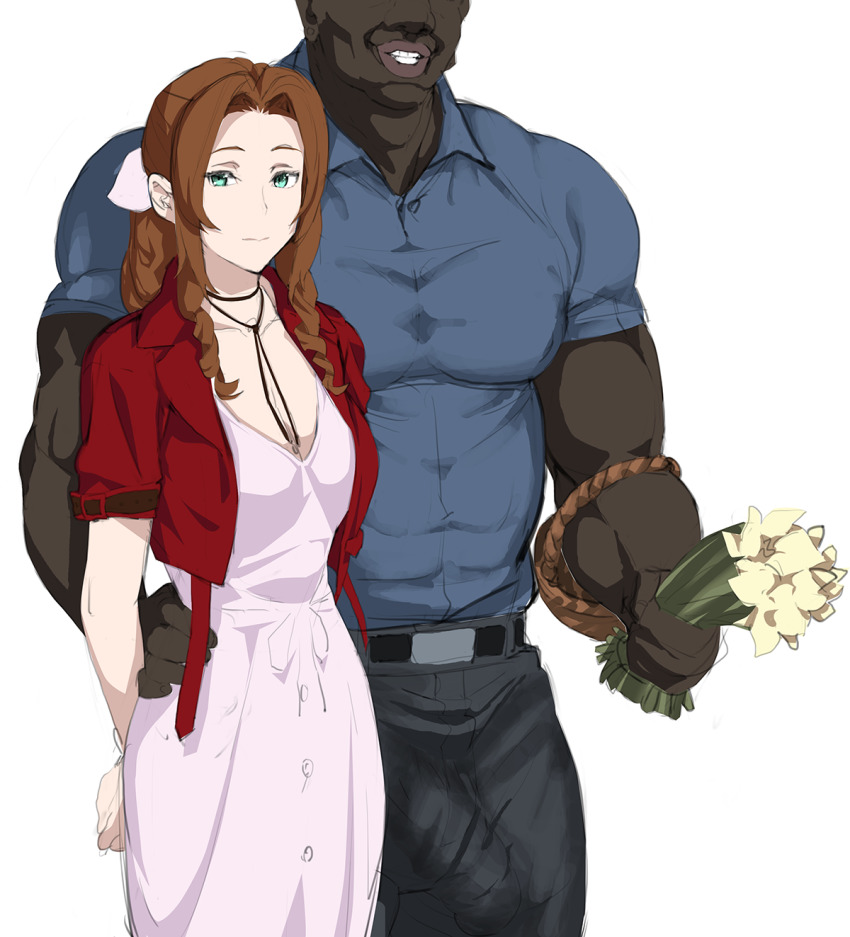 1boy, 1girls, aerith gainsborough, big penis, bulge, dark skin, dark-skinned male, dress, erection, female, final fantasy, final fantasy vii, ginzou, interracial, light skin, light-skinned female, male, muscular, muscular male, pants, penis