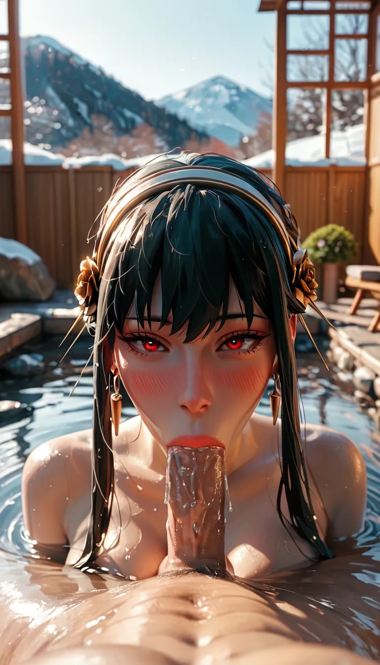 :>=, 1boy, 1girls, ai generated, bangs, big breasts, big penis, black hair, blowjob, blowjob pov, blush, breasts, earrings, fellatio, female, gold jewelry, handsfree blowjob, jewelry, male, nude, nude female, onsen, partially submerged, penis, pov, pov eye contact, realistic, red eyes, scarletio, spy x family, stable diffusion, sucking, sucking penis, water, yor briar, yor forger