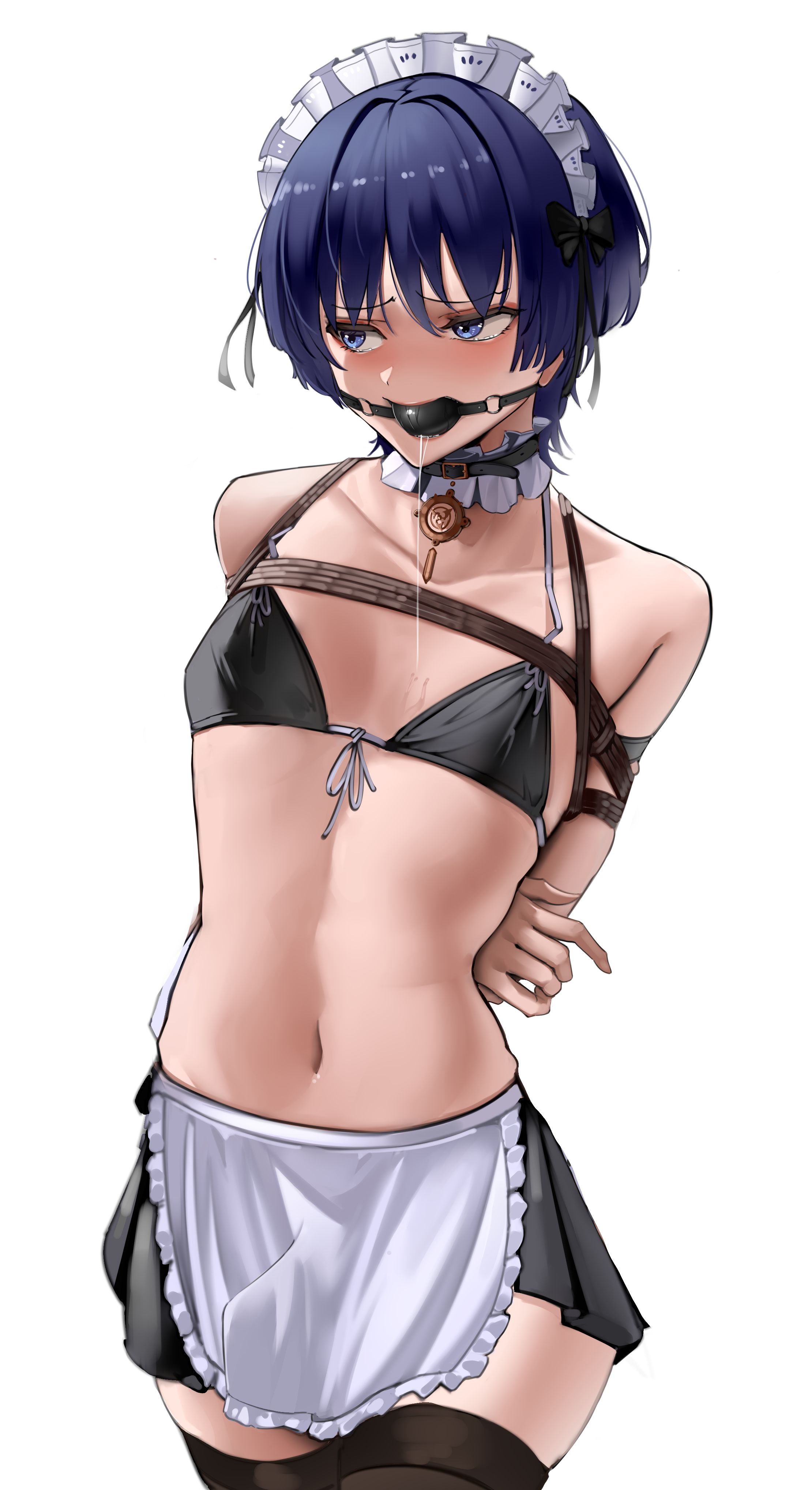 1boy, apron, arms behind back, ball gag, bikini, blue eyes, blue hair, bondage, femboy, gag, gagged, genshin impact, harris hero, hi res, maid, maid apron, maid headdress, maid uniform, maidscara, male, male only, malesub, navel, restrained, rope, saliva, saliva trail, scaramouche (genshin impact), submissive, submissive male, trapped in underwear
