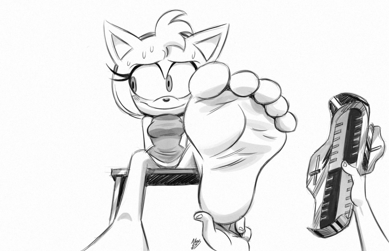 amy rose, big feet, boots removed, deepcreases, embarrassed, female, foot fetish, foot focus, foot up, furry, hedgehog, measuring, sonic (series)