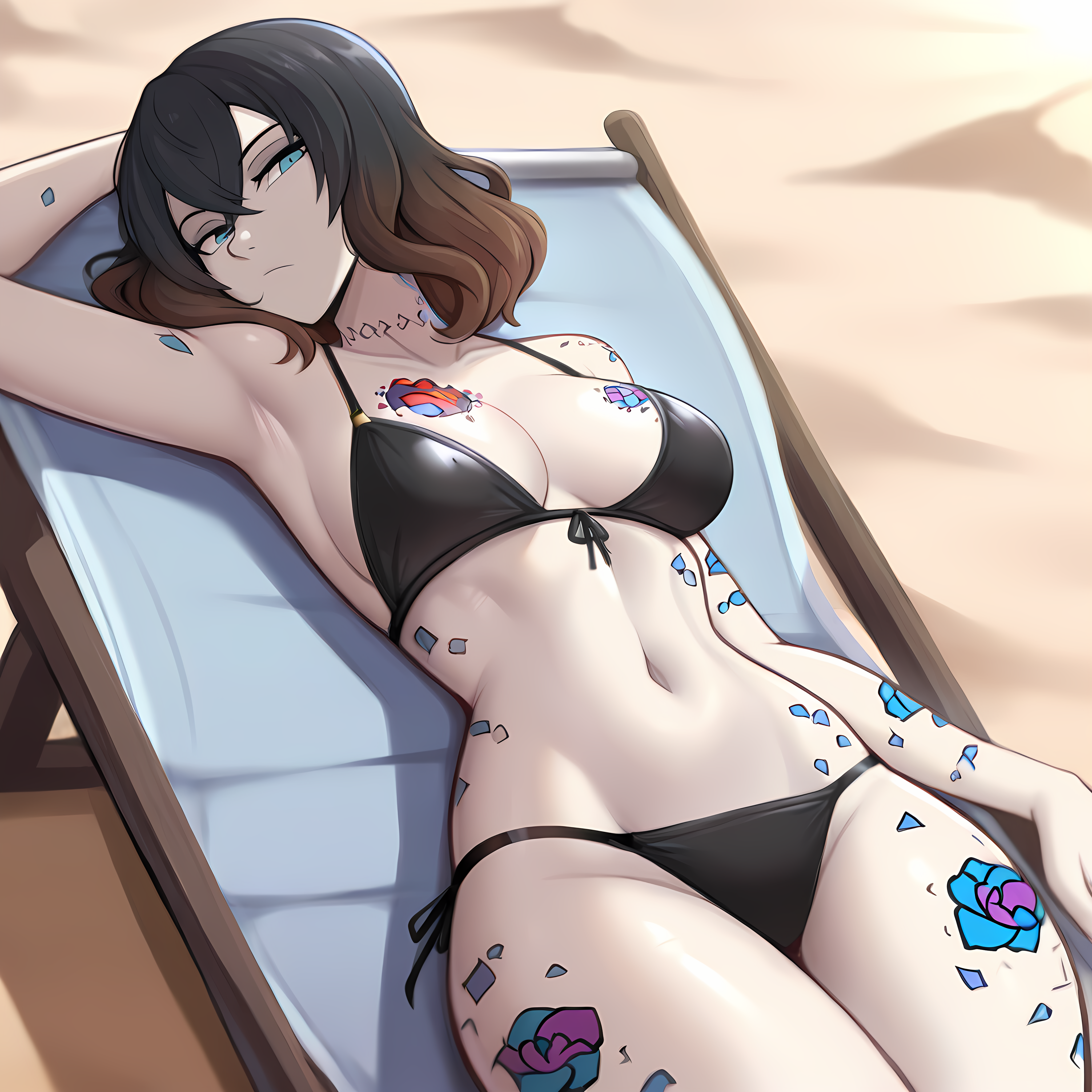 ai generated, beach, bikini, black hair, bloodstained: ritual of the night, blue eyes, brown hair, female, light skin, light-skinned female, miriam (bloodstained), multicolored hair, pale skin, pale-skinned female, short hair, tattoo