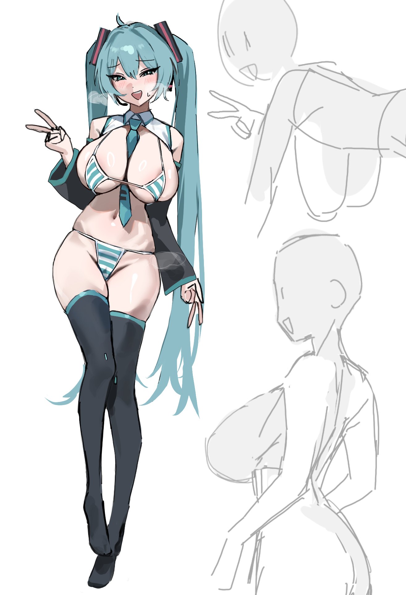 :d, 1girl, ahoge, alternate breast size, aqua eyes, aqua hair, armwear, belly button, between breasts, big breasts, bikini, black thighhighs, blue bikini, blue eyes, blue hair, blue panties, blush, boots, breasts, breath, cleavage, cyan eyes, cyan hair, detached sleeves, female, full body, gigantic breasts, hair ornament, hatsune miku, huge breasts, large breasts, legs, logknn, long hair, looking at viewer, micro bikini, navel, necktie, necktie between breasts, open mouth, panties, partially colored, peace sign, pussy, pussy juice through clothing, simple background, sketch, sketches, small bikini, smile, steam, steamy breath, stockings, string bikini, string panties, striped, striped bikini, striped panties, swimsuit, thick thighs, thigh boots, thighhighs, thighs, tie, tie between breasts, twintails, twintails (hairstyle), unfinished, v, very long hair, visible breath, vocaloid, white background