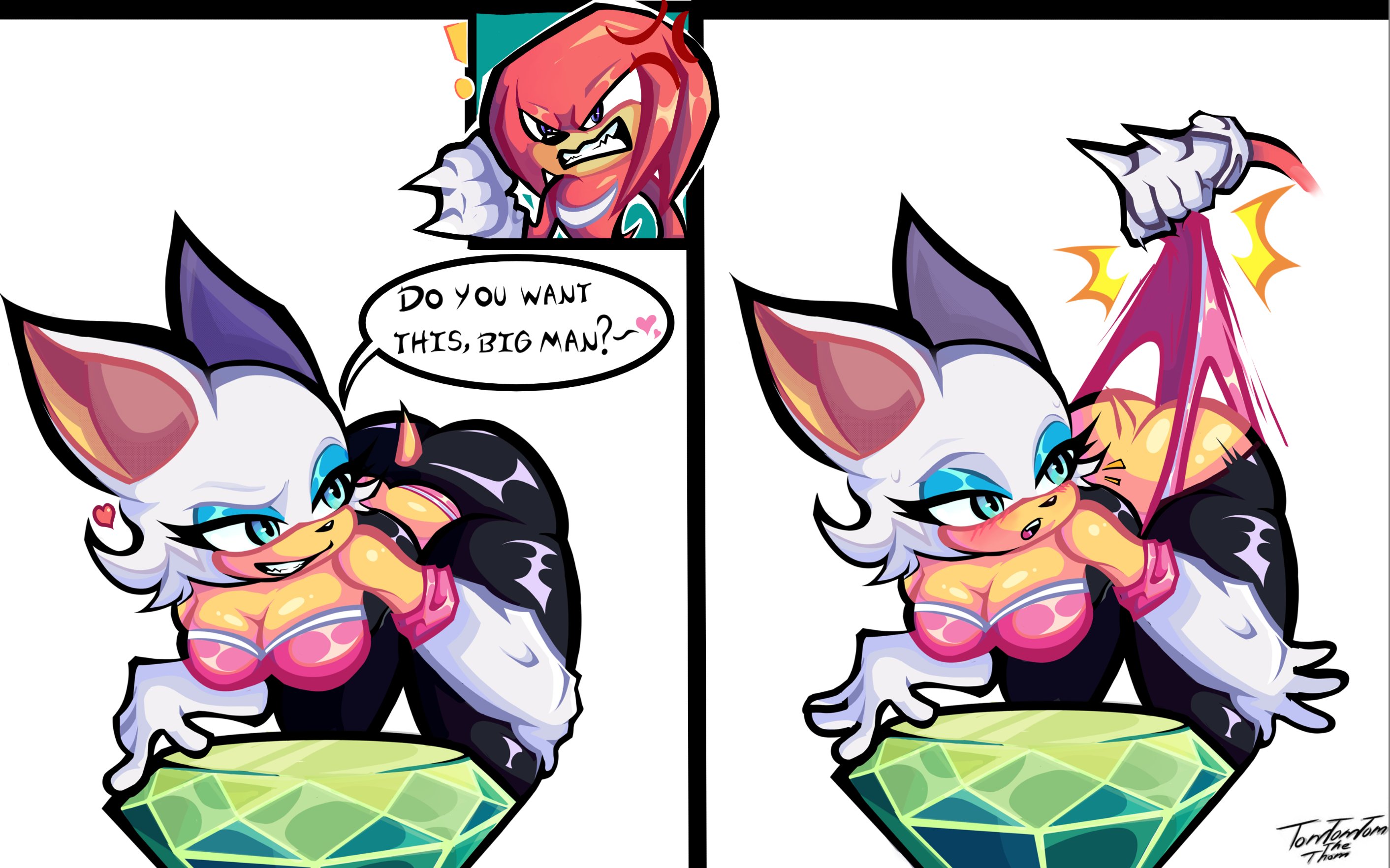 !, 1boy, 1girls, 2024, anthro, ass, ass cleavage, ass crack, bent over, blue eyes, blush, breasts, butt crack, cleavage, english text, female, furry, grin, heart, knuckles the echidna, male, open mouth, panties, pants, pants down, panty pull, pink panties, rouge the bat, sega, sonic (series), surprised, text, thong, tomtomtomthetom, watermark, wedgie, white fur