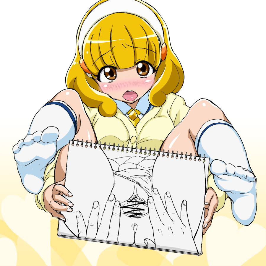 anus blonde_hair blush censored clothing covering covering_crotch drawing hairband kneehighs looking_at_viewer no_pants no_shoes open_mouth panties panties_aside precure pretty_cure pussy short_hair sketchbook smile_precure solo spread_legs spread_pussy sweater underwear uyuu white_legwear yayoi_kise yellow_eyes