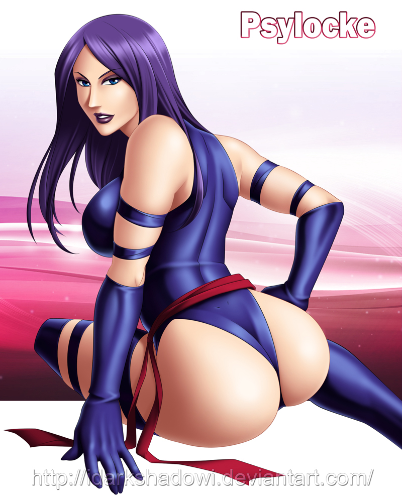 1girls, asian female, ass, bare shoulders, belt, big ass, blue eyes, boots, clothes, clothing, different ass sizes, female, female only, gloves, long hair, looking back, marvel, marvel comics, psylocke (kwannon), purple hair, solo, straight hair, swimsuit, thedarkness, x-men