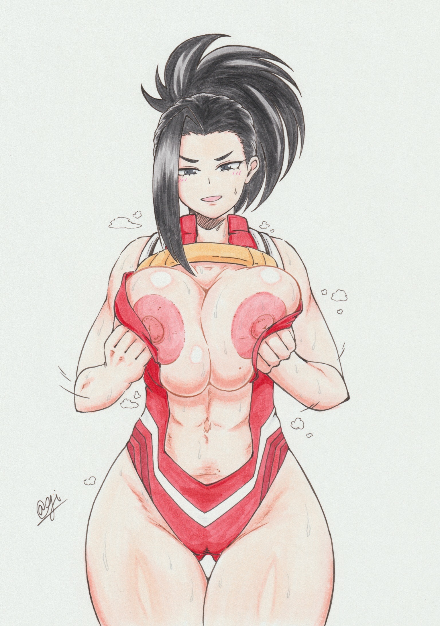 @gi, 1girls, big breasts, black hair, breast grab, breast squeeze, breasts, breasts out, female, female focus, female only, fit, fit female, grabbing own breast, hero outfit (mha), leotard, looking at viewer, momo yaoyorozu, my hero academia, navel, nipples, ponytail, solo, solo female, sweat, sweatdrop, thick thighs, thighs