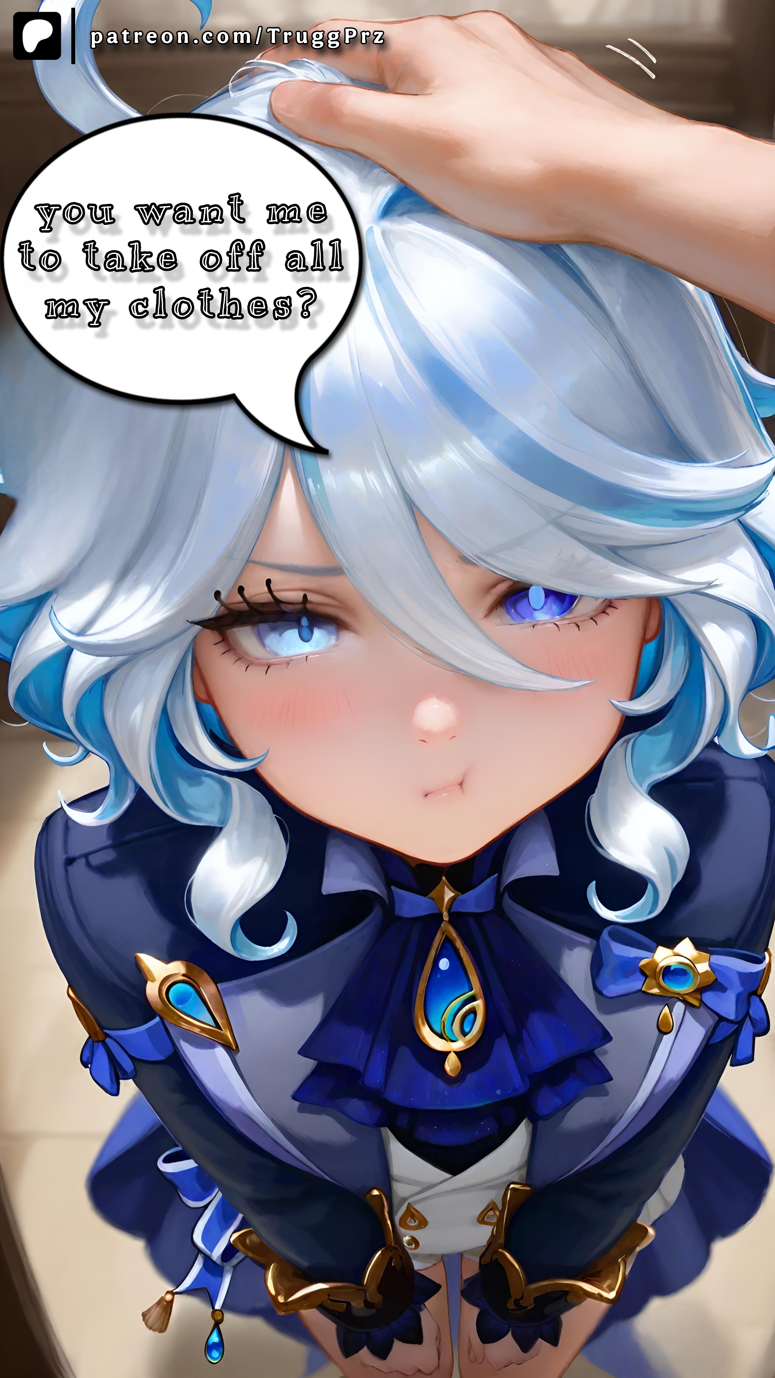 ai generated, blue eyes, blue hair, blush, clothed, female, furina (genshin impact), genshin impact, headpat, looking at viewer, pout, pov, purple eyes, speech bubble, standing, text, trugprz, two-tone eyes