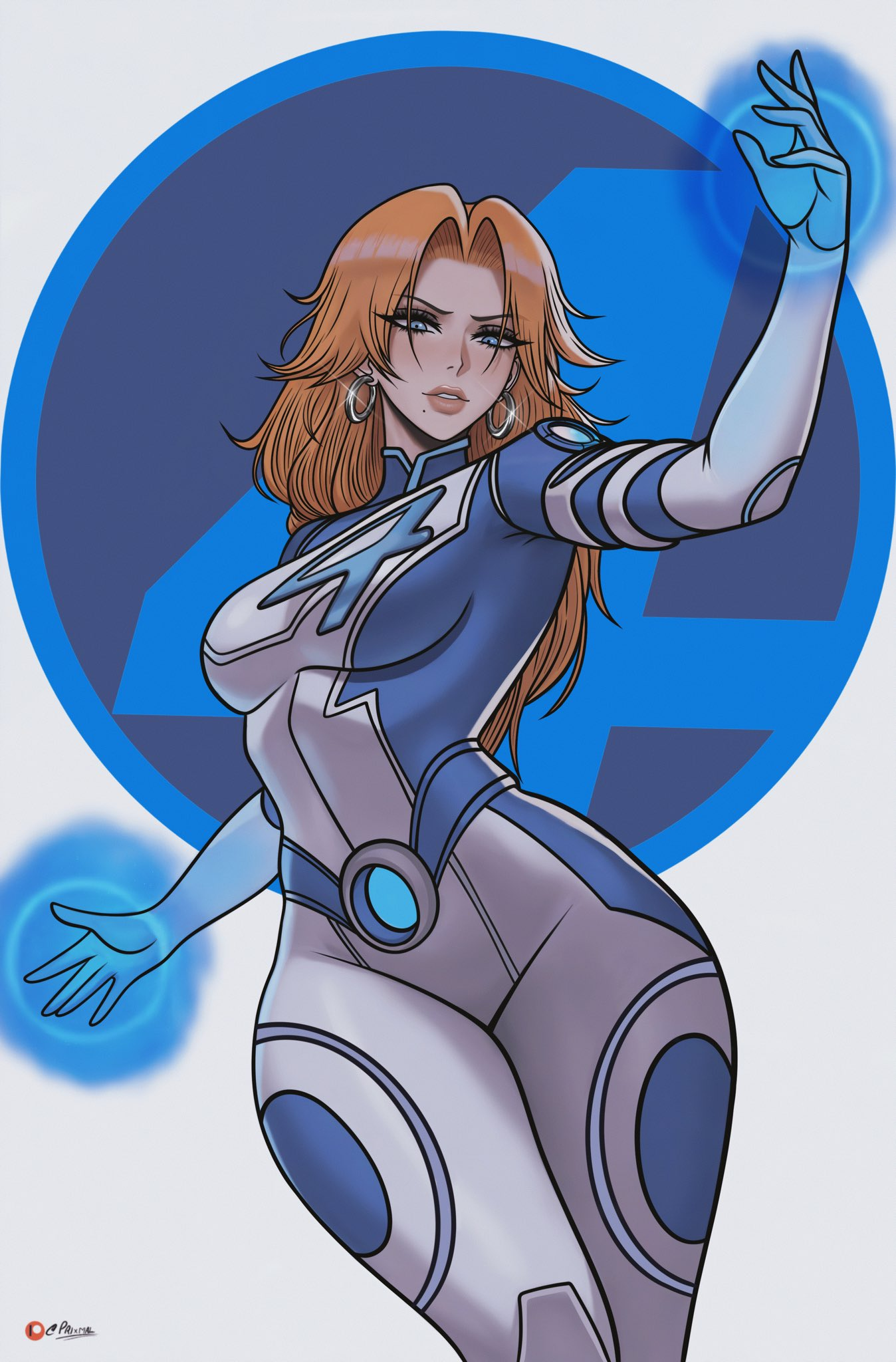 1girls, bleach, blue bodysuit, blue eyes, bodysuit, breasts, cosplay, crossover, fantastic four, female, female only, invisible woman, invisible woman (cosplay), invisible woman (marvel rivals), long hair, marvel, marvel comics, marvel rivals, matsumoto rangiku, multicolored bodysuit, orange hair, prixmal, sue storm, white bodysuit