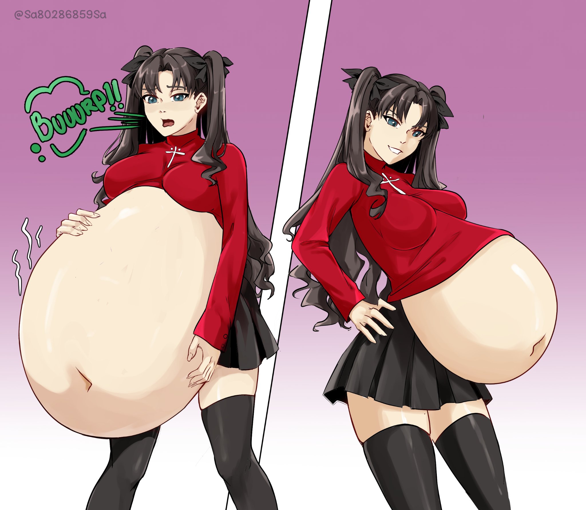 2girls, belly, belly bulge, belly overhang, big belly, breasts, burping, digestion, fate (series), fate/stay night, female, female pred, female prey, matou sakura, same size vore, sisters, stomach, stomach bulge, struggling prey, thighs, tohsaka rin, vore, vore belly