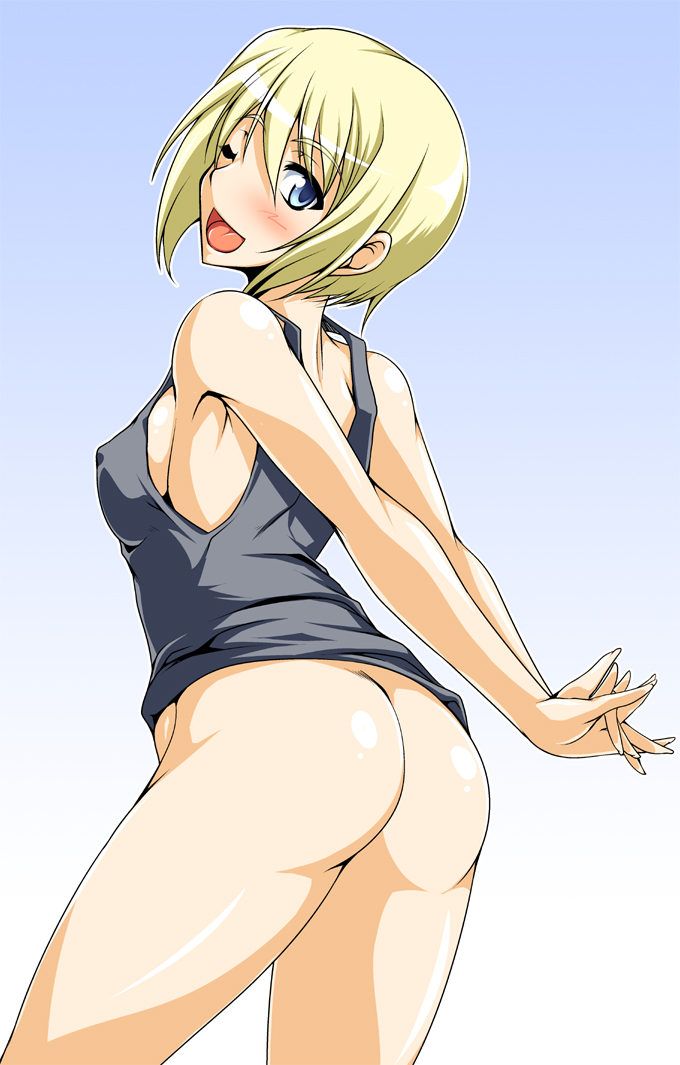 ass blonde_hair blue_eyes blush bottomless breasts clothing erect_nipples erect_nipples_under_clothes erica_hartmann female kanten no_panties open_mouth short_hair sideboob small_breasts solo strike_witches tongue